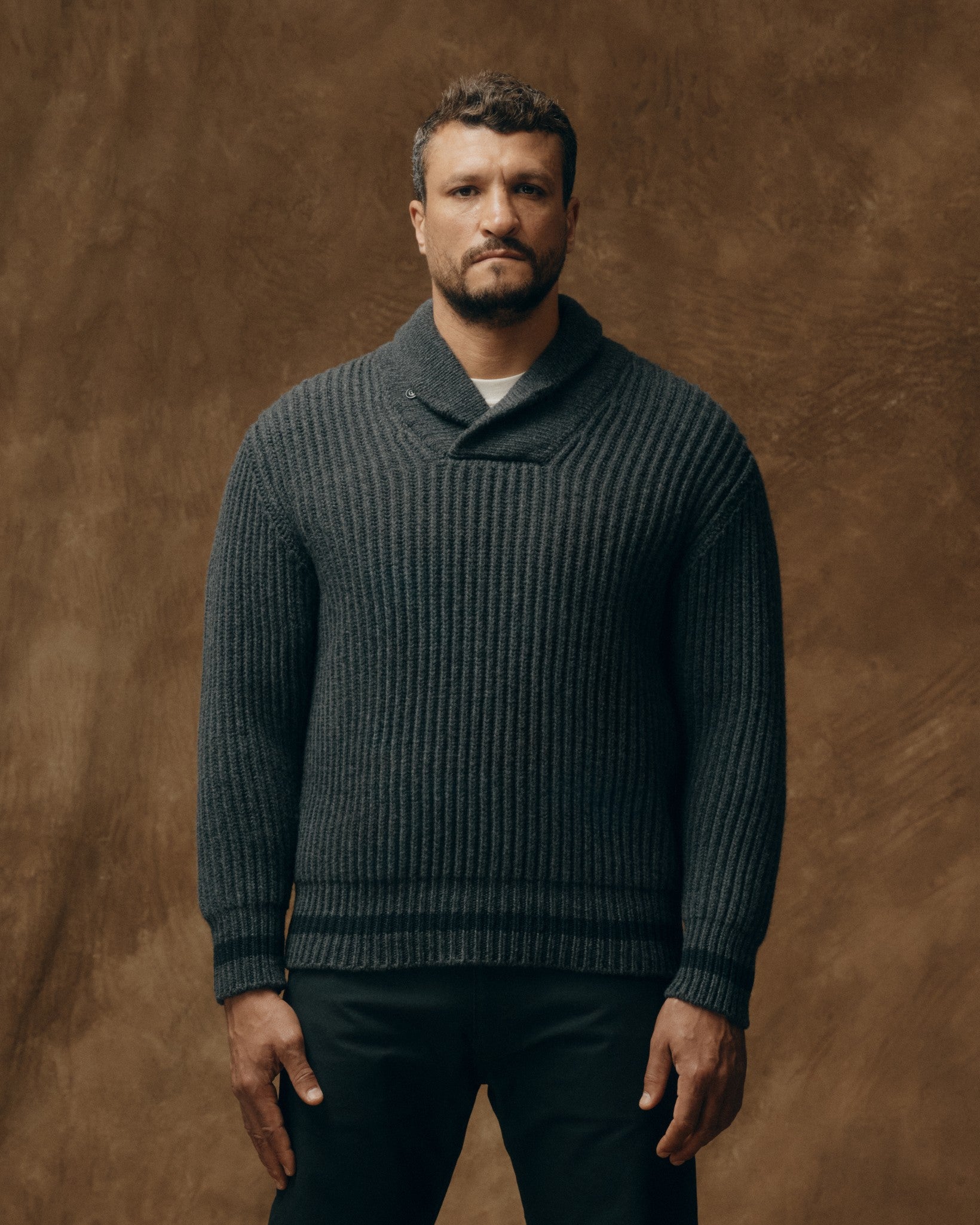 フィルソン　38 FILSON GARMENT チャコール　アメリカ製 Bristol Shawl Neck Sweater - Gray Heather / Dark Charcoal Stripe