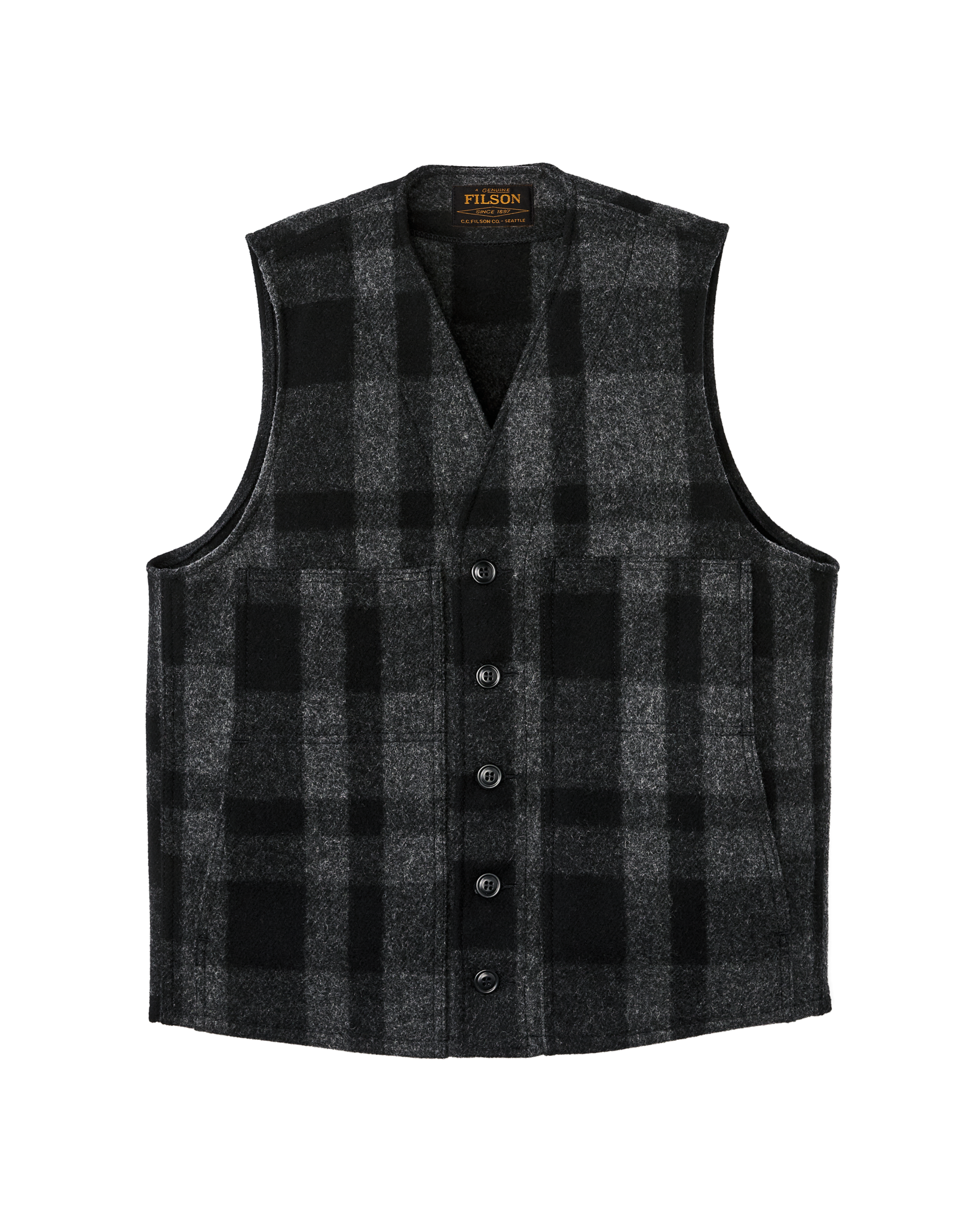 Mackinaw Wool Vest - Charcoal / Black Heritage Plaid | Filson Mackinaw Wool Vest - Charcoal / Black Heritage Plaid | Filson