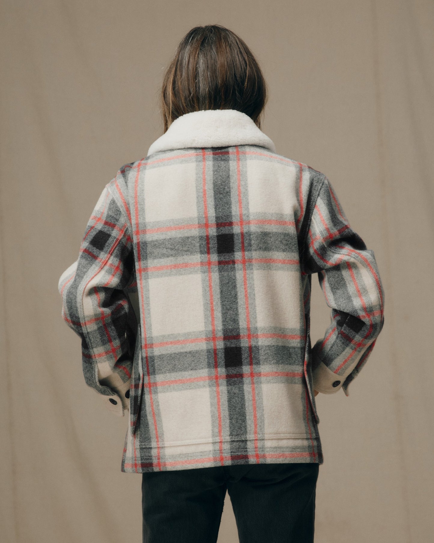 Women's Mackinaw Wool Shearling Cruiser Jacket - Cream / Red / Black Plaid