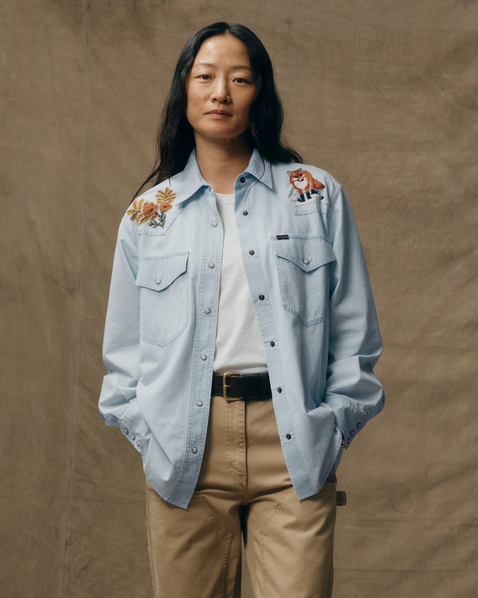 white dress shoe color Women's Embroidered Western Shirt - Light Indigo Chambray / Fields