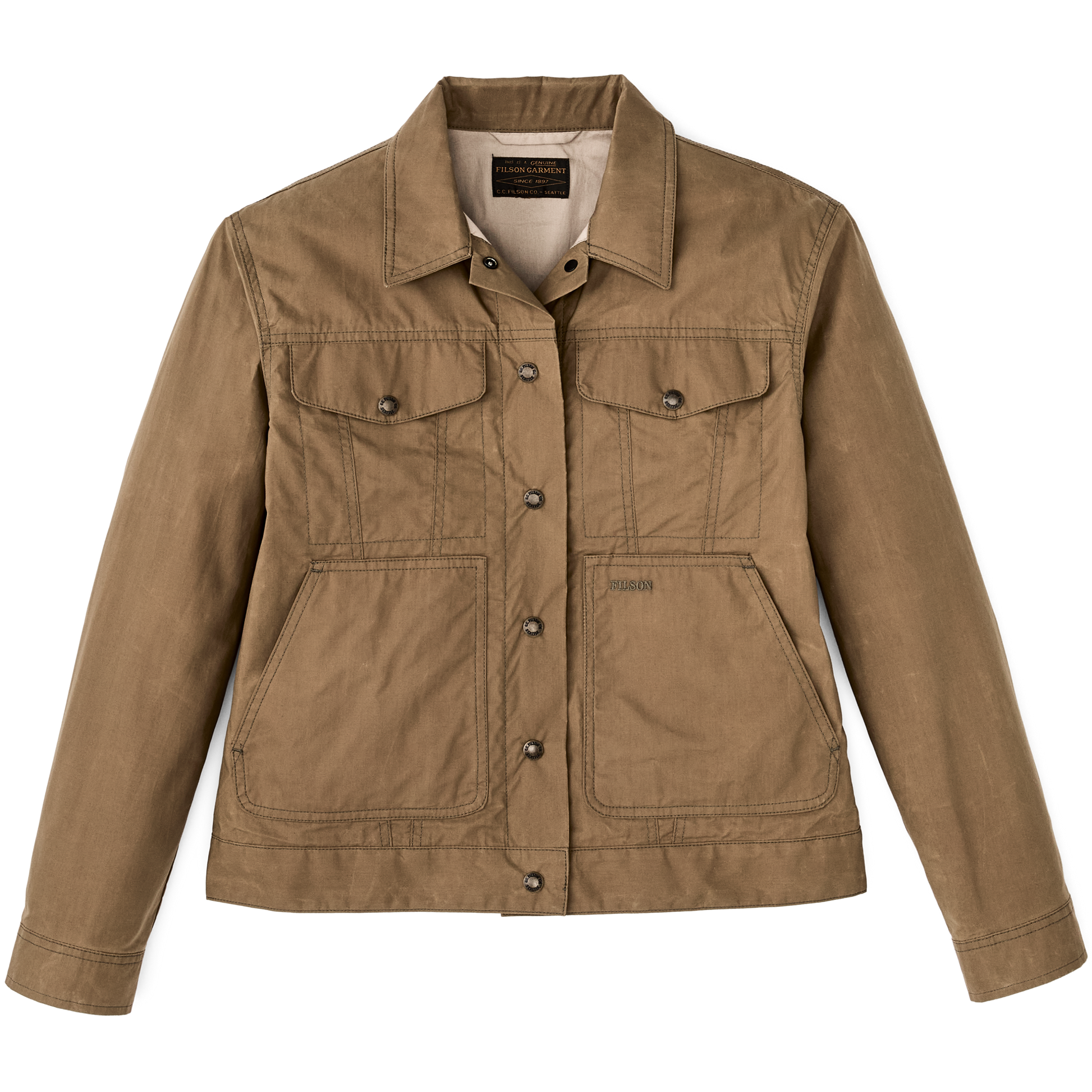 Front-facing image of the Filson Women's Ranger Short Lined Cruiser - Dark Beige