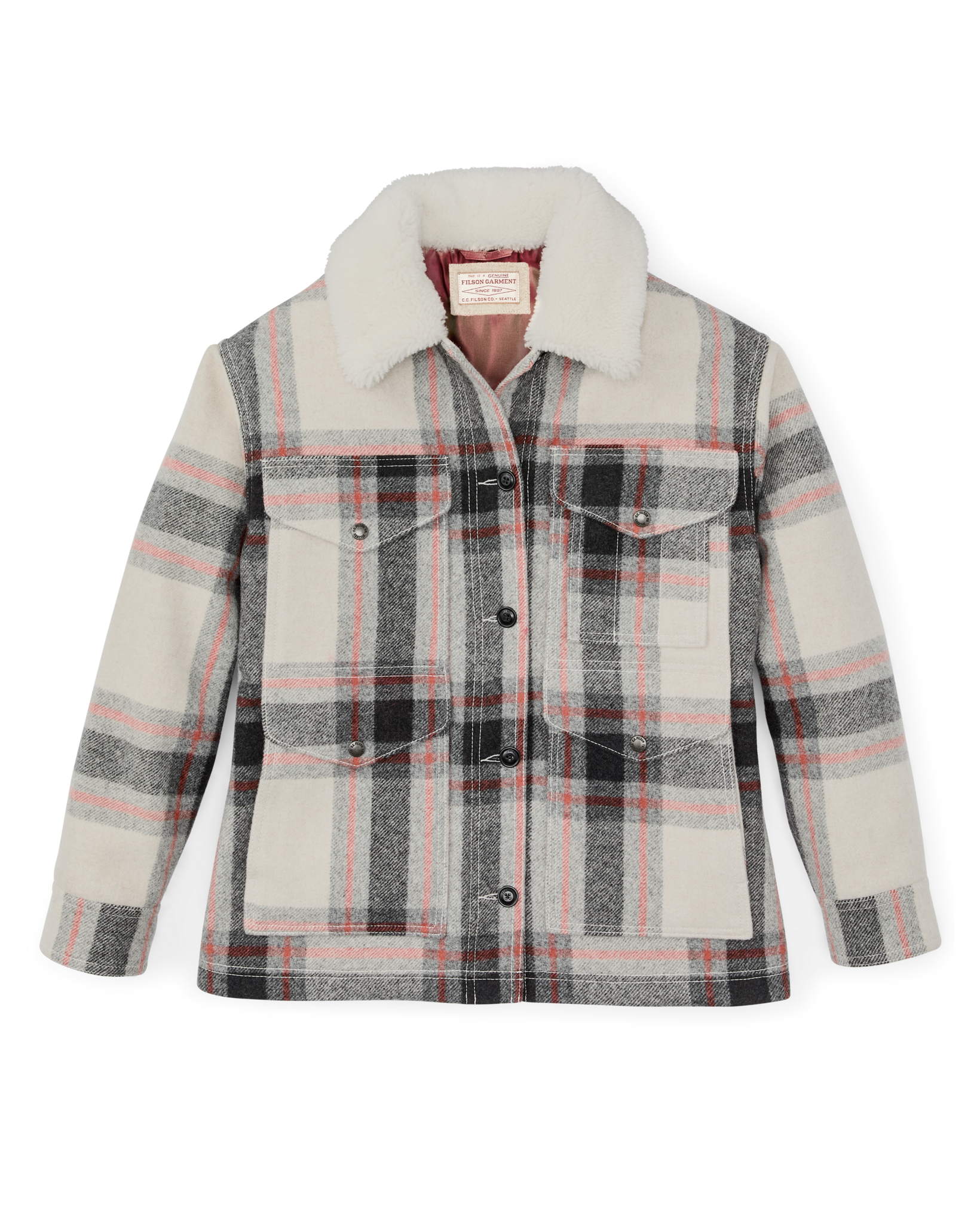 Women's Mackinaw Wool Shearling Cruiser Jacket - Cream / Red / Black Plaid