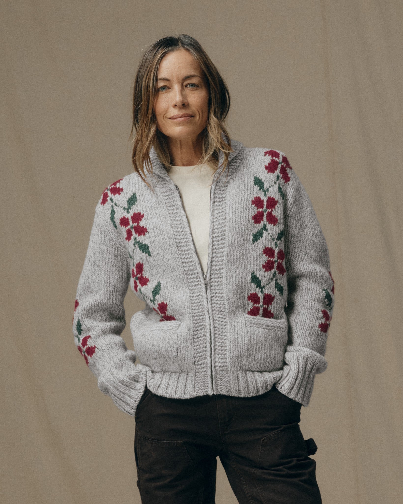 Women's Zippered Wool Sweater - Gray / Flower | Filson