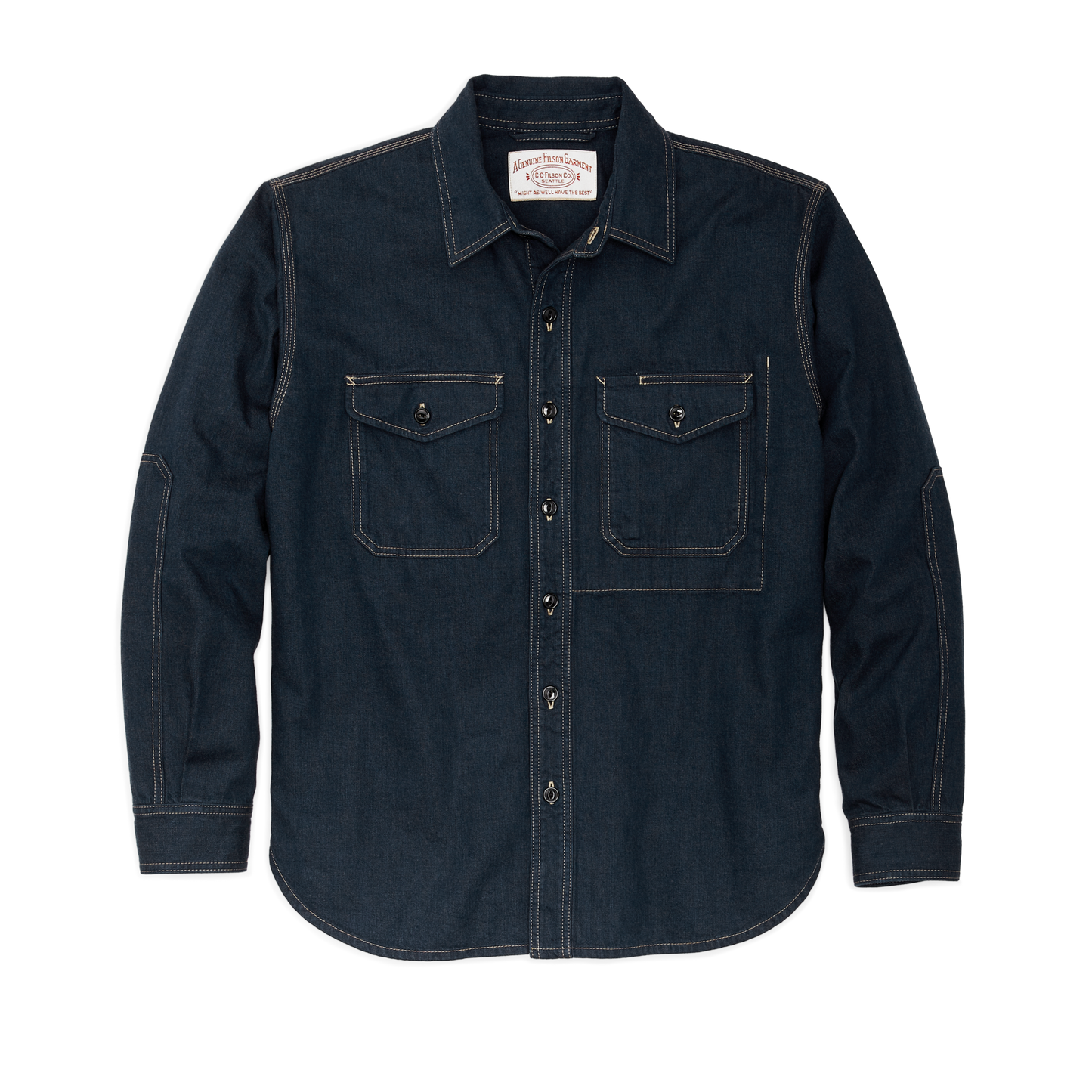Front-facing image of the Filson Denim Work Shirt - Mid-wash Indigo