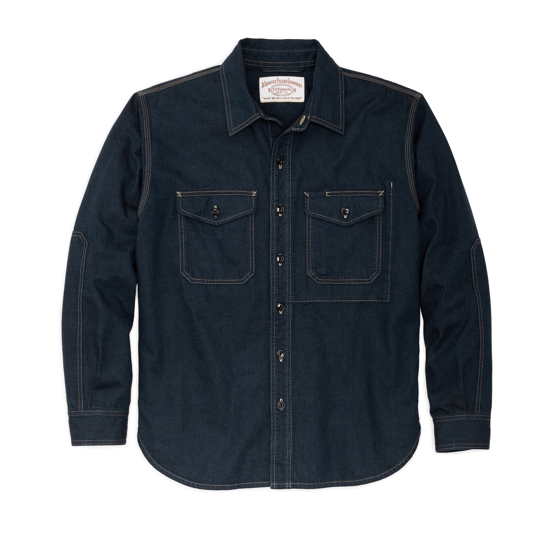 Front-facing image of the Filson Denim Work Shirt - Mid-wash Indigo