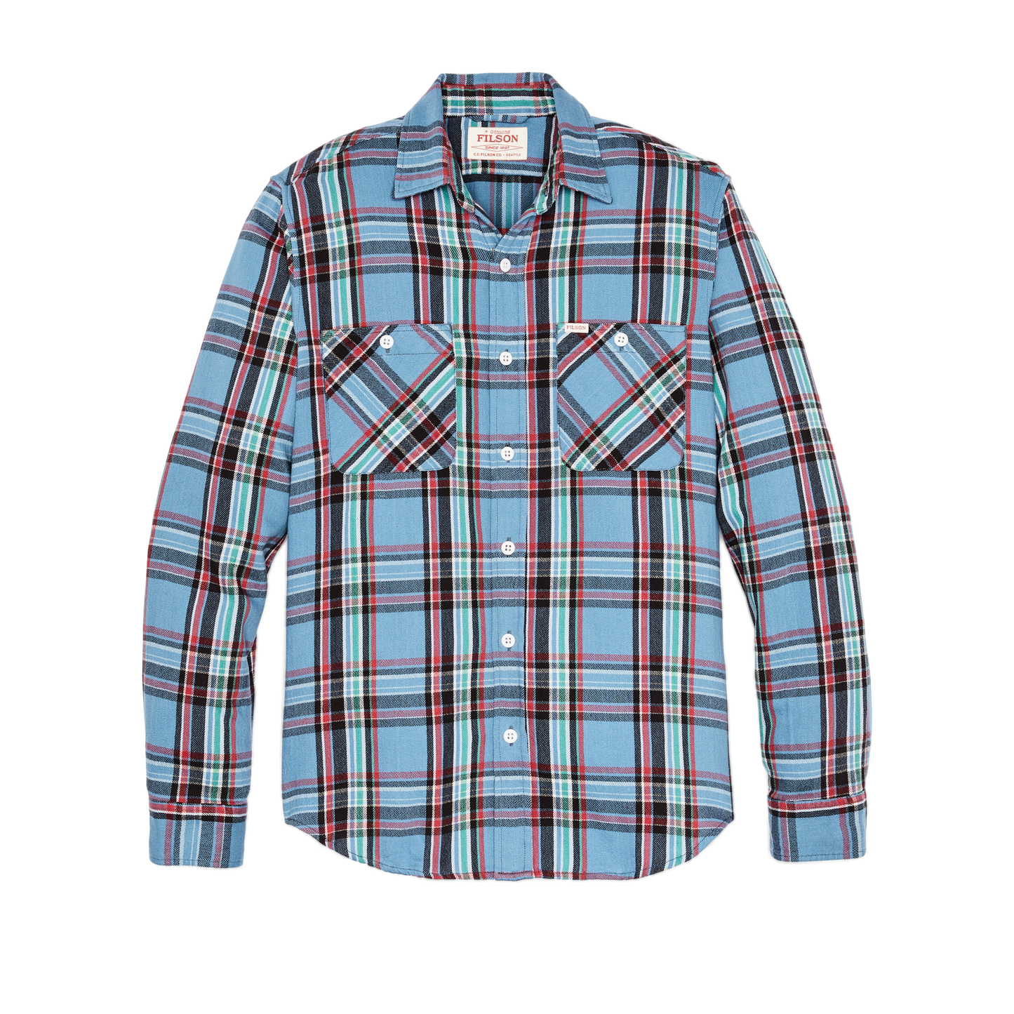 Front-facing image of the Filson The Rangeland Flannel Shirt - Light Blue / Red Plaid