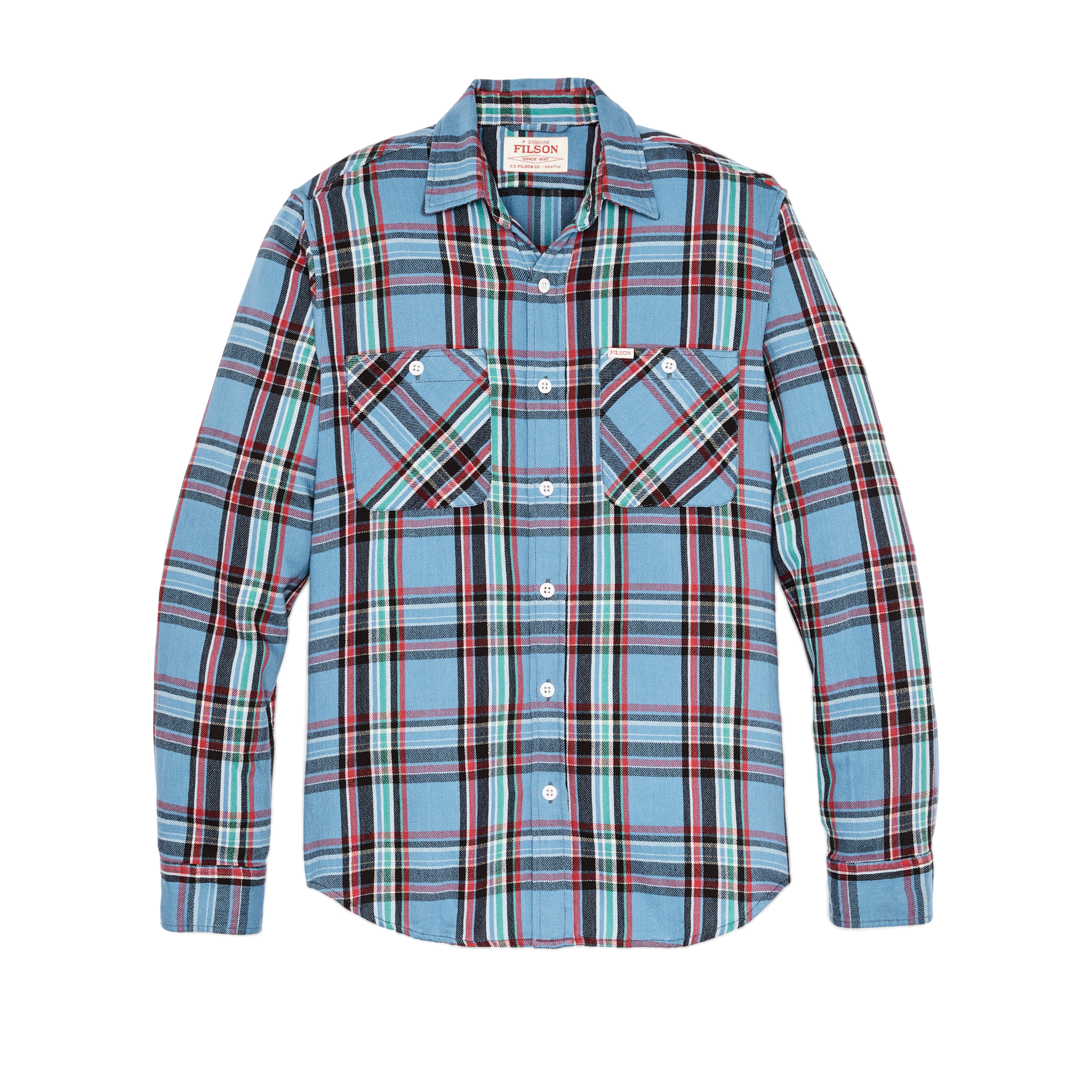 Front-facing image of the Filson The Rangeland Flannel Shirt - Light Blue / Red Plaid