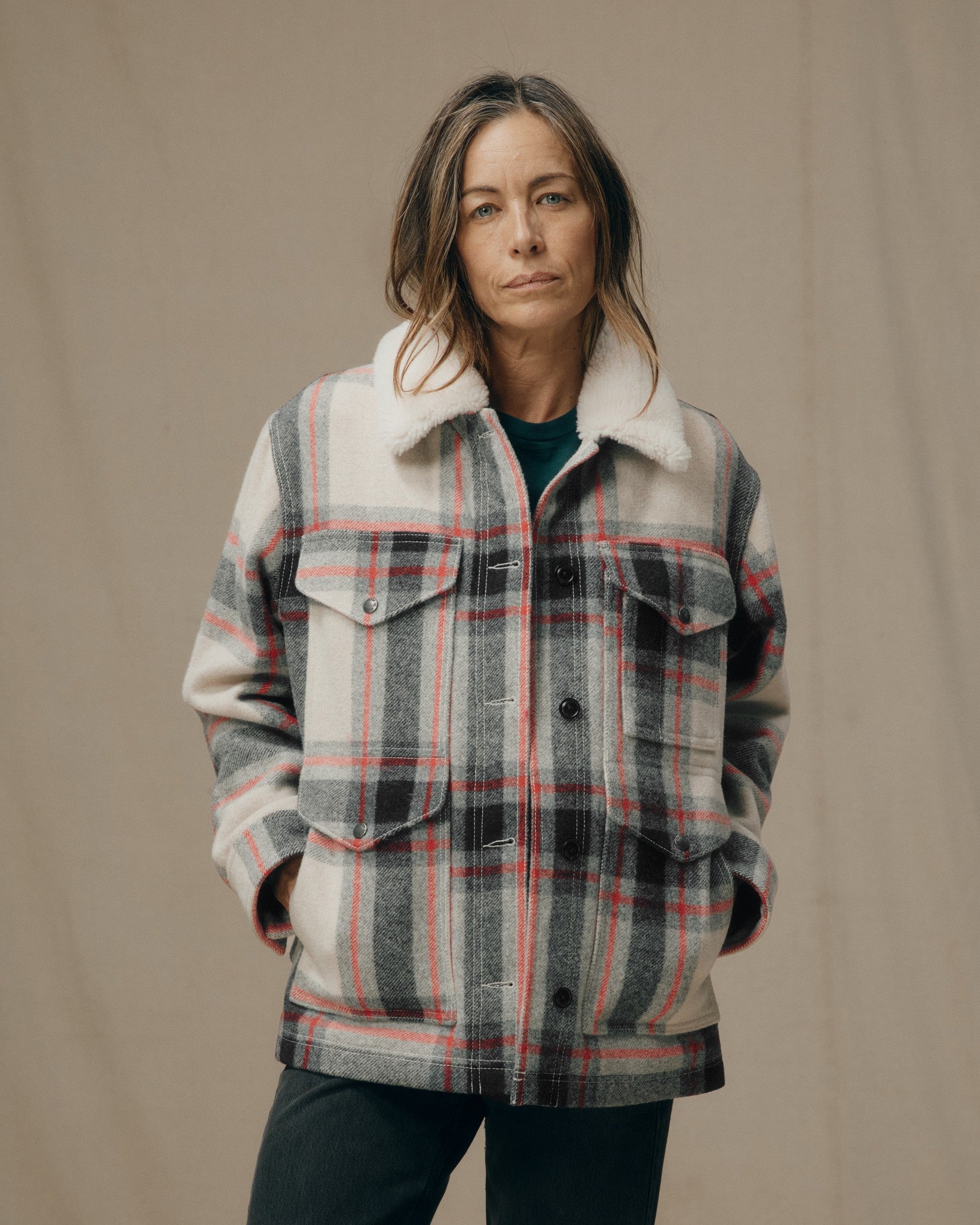 Women's Mackinaw Wool Shearling Cruiser Jacket - Cream / Red