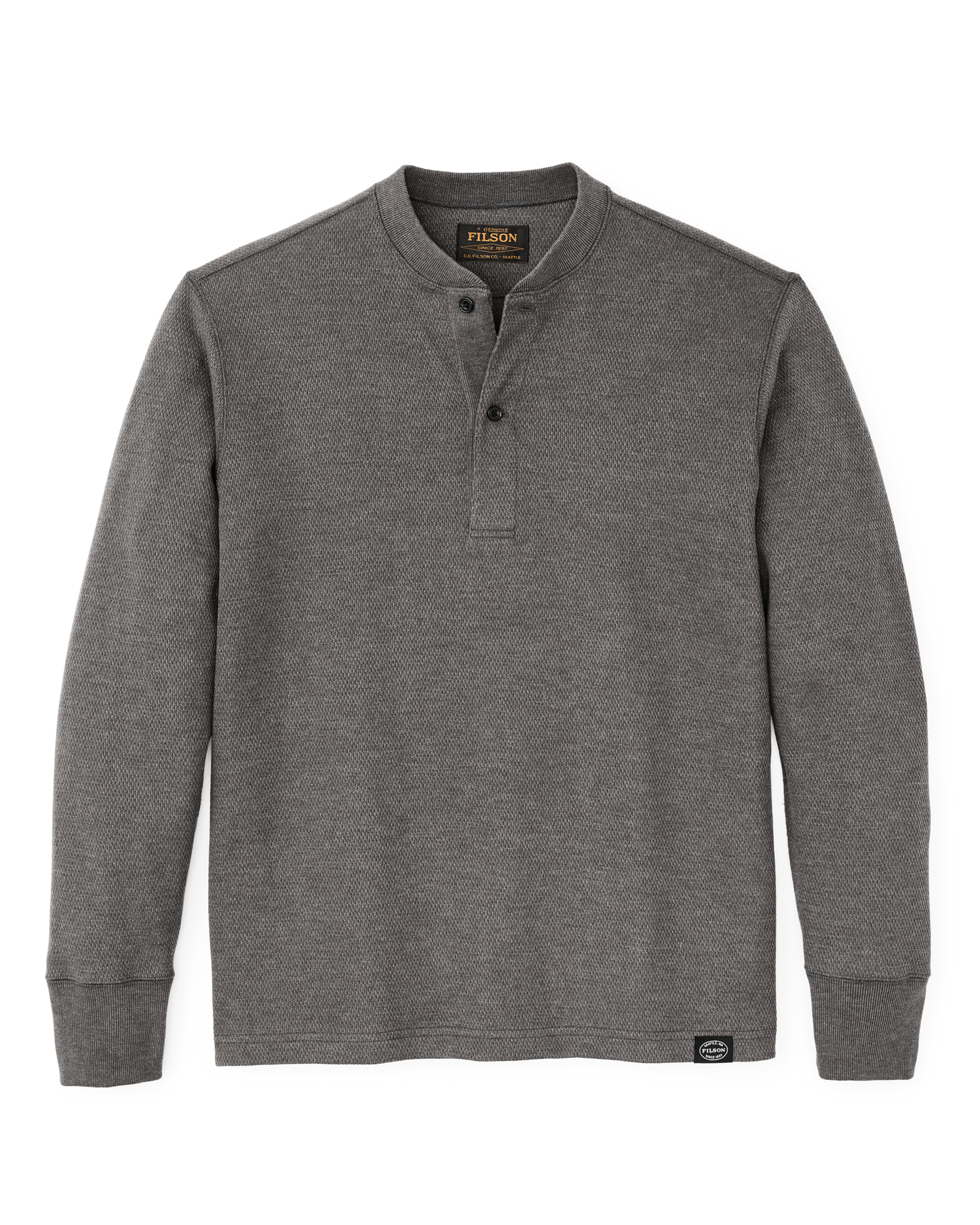 Front-facing image of the Filson Waffle Knit Henley - Charcoal
