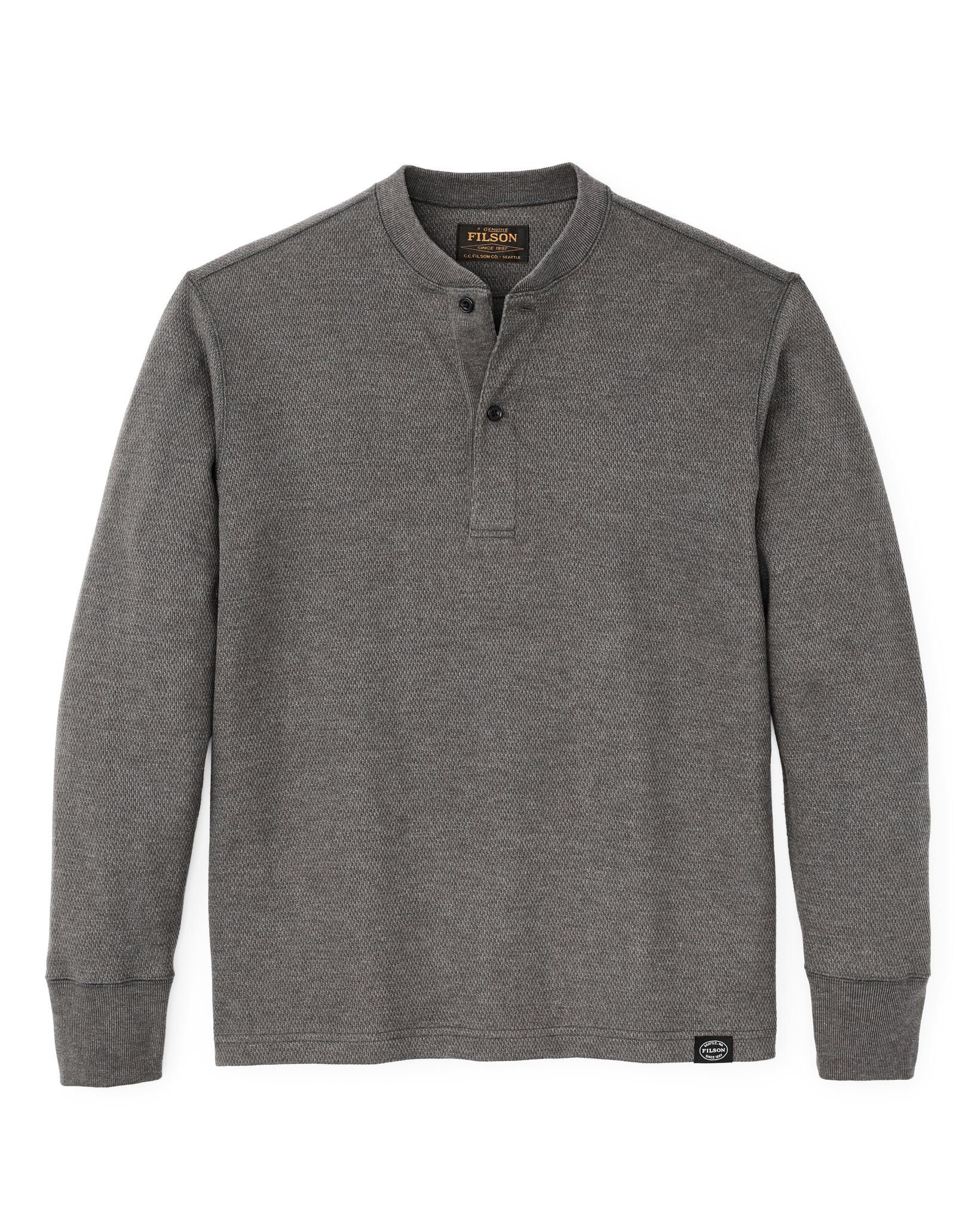 Front-facing image of the Filson Waffle Knit Henley - Charcoal
