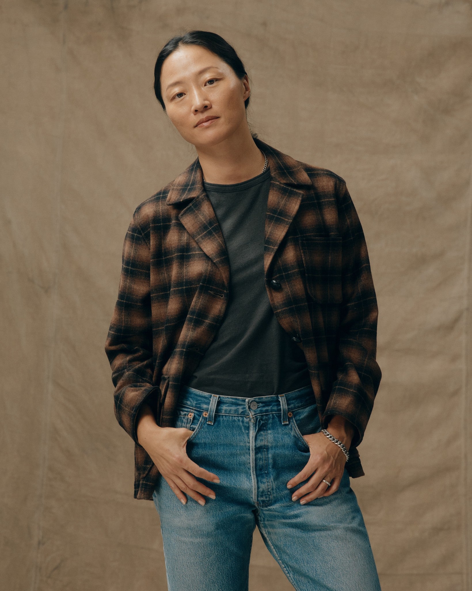 Women's Unconstructed Wool Blazer Bronze Brown Plaid Filson