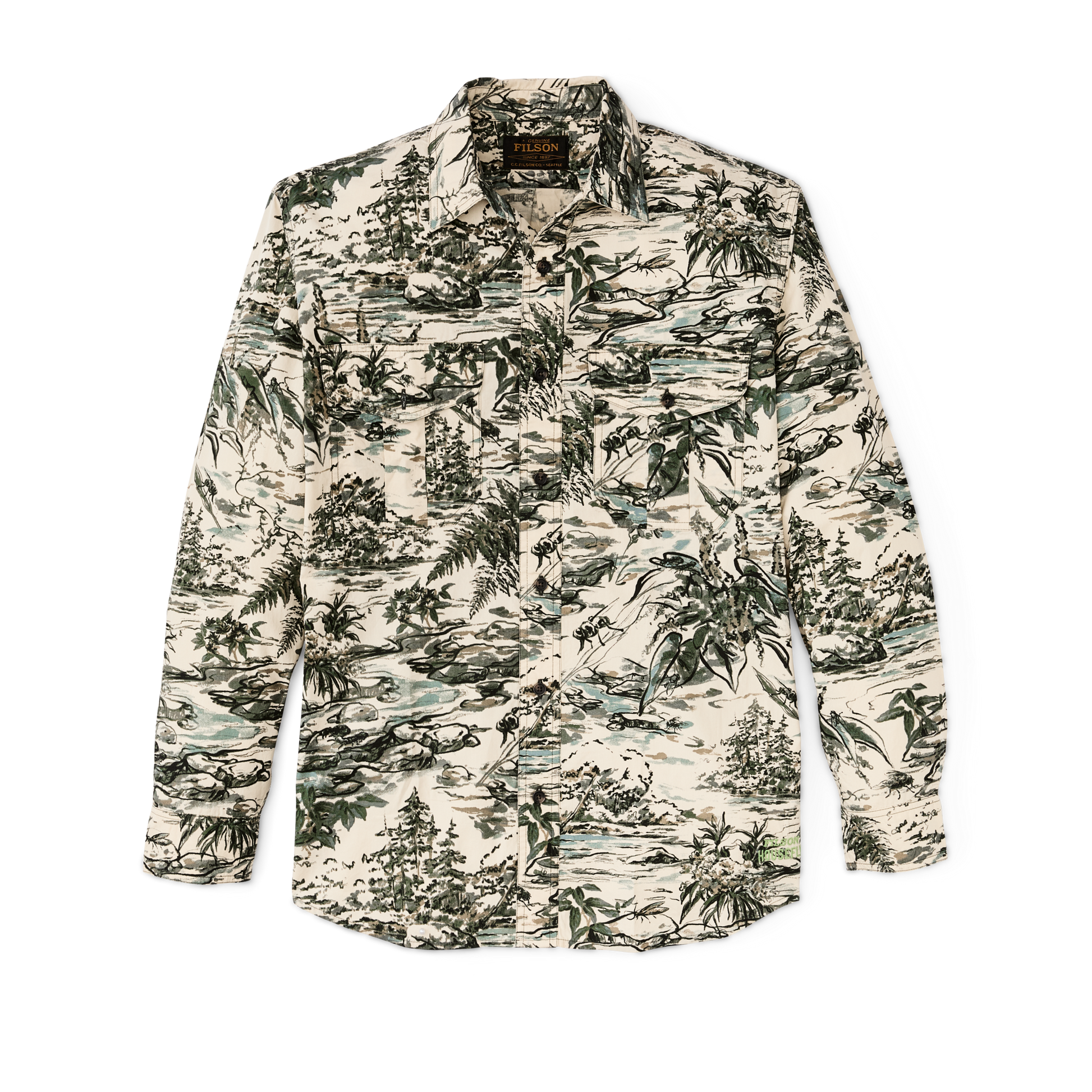 Front-facing image of the Filson Filson X Housefly Washed Feather Cloth Shirt - Khaki / Scenic