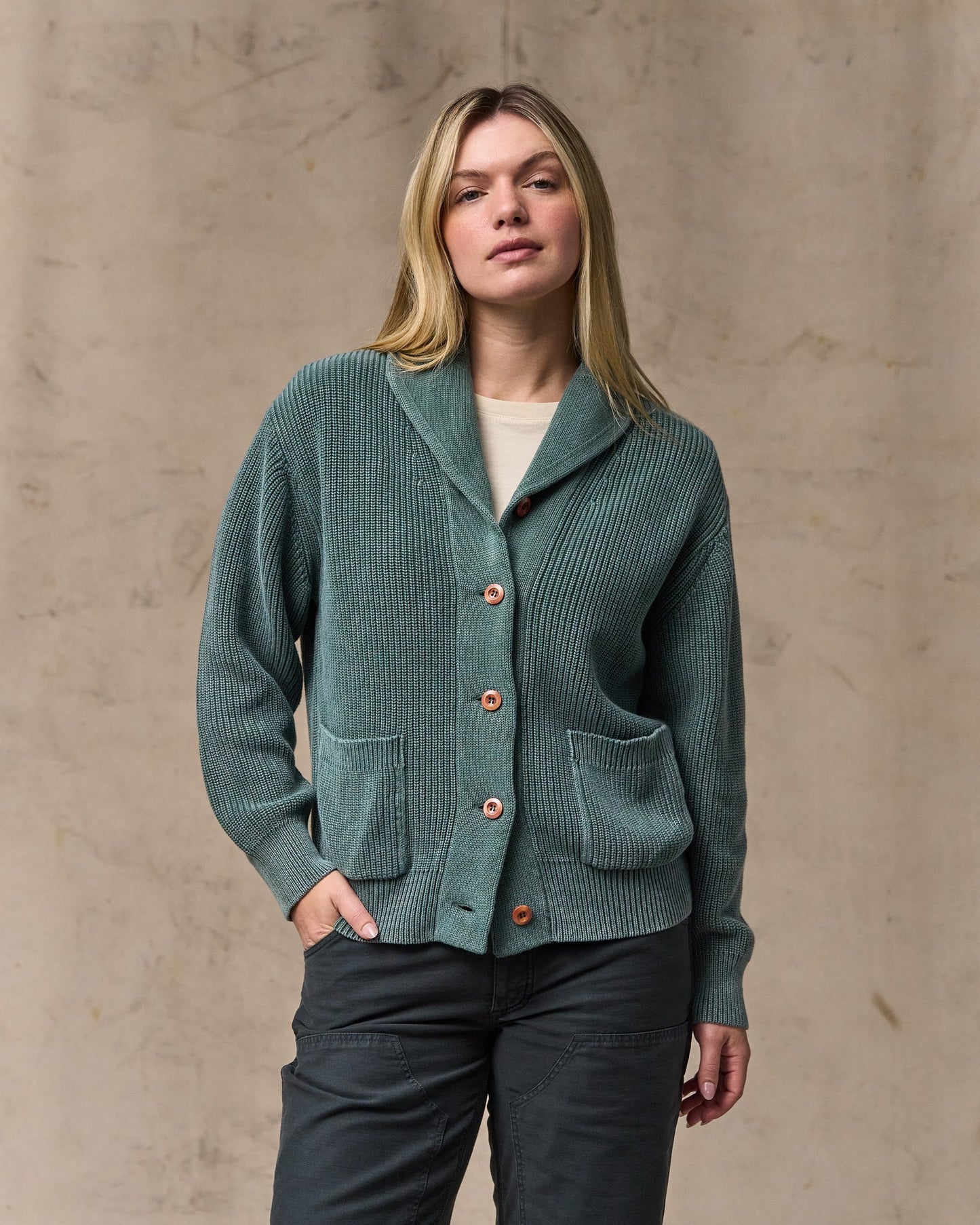image of a model wearing Filson's Women's Cotton Shawl Neck Cardigan - Juniper|Model is 5'10" wearing a size medium