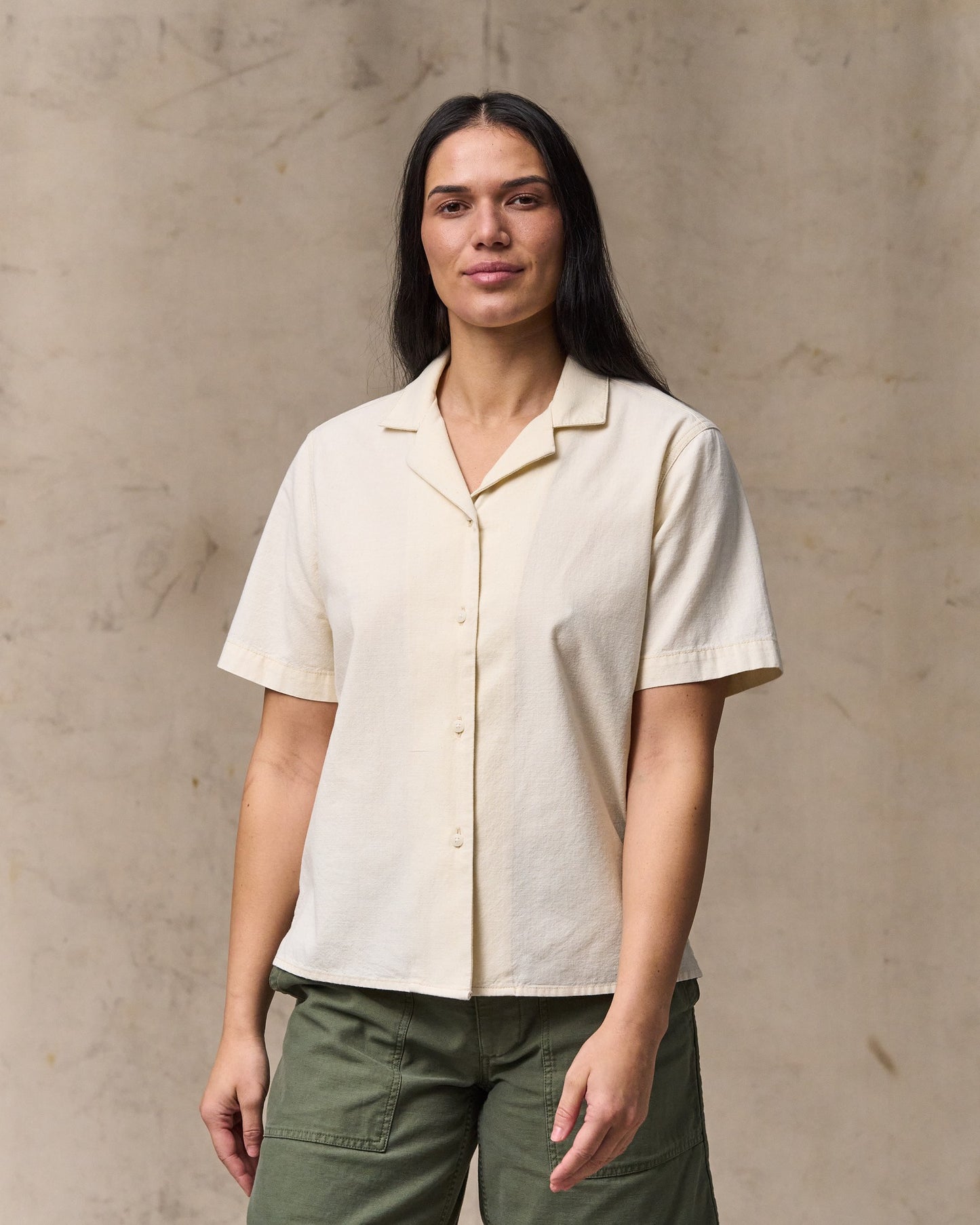 image of a model wearing Filson's Women's Camp Shirt - Natural Seed|Model is 5'10" wearing a size medium