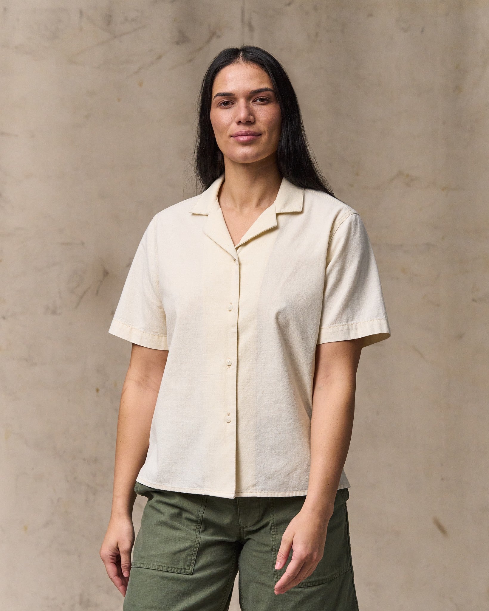 image of a model wearing Filson's Women's Camp Shirt - Natural Seed