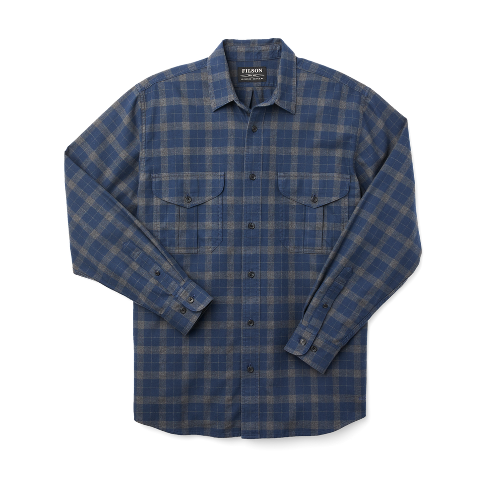 Front-facing image of the Filson Lightweight Alaskan Guide Shirt - Navy/heather Gray
