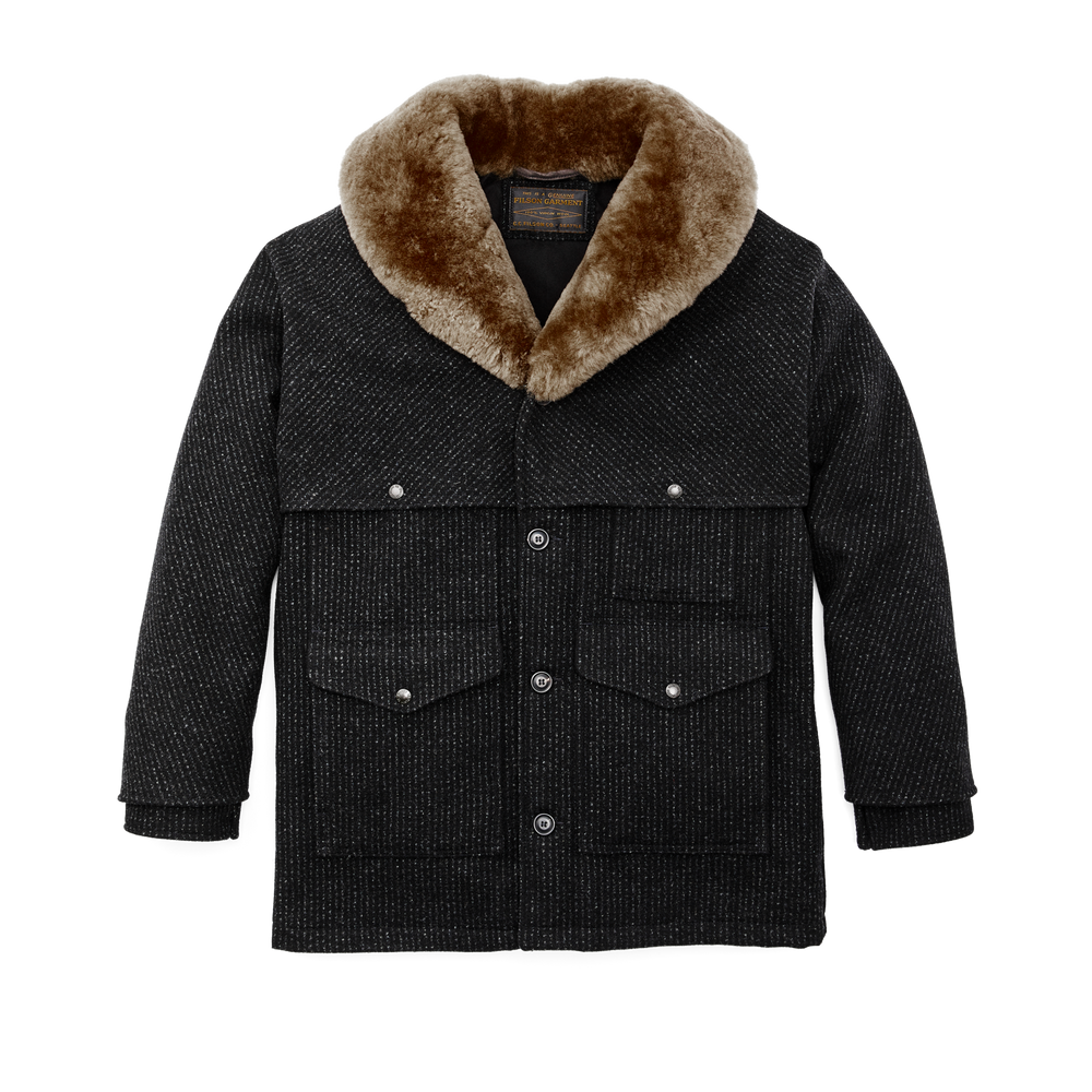 Front-facing image of the Filson Lined Mackinaw Wool Packer Coat - Black Charcoal / Rope Stripe