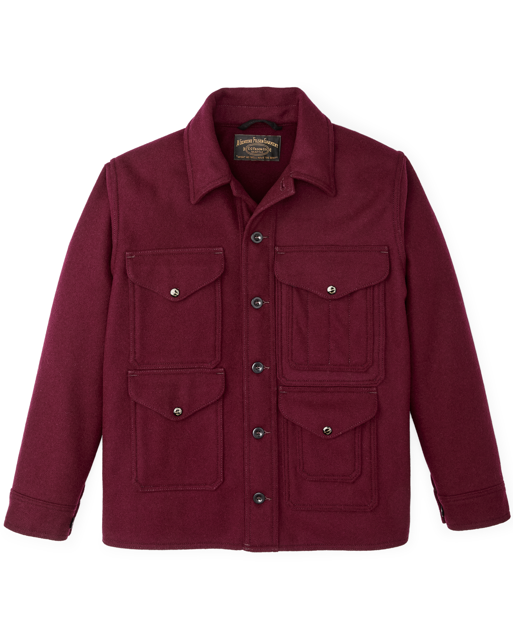 Front-facing image of the Filson 1940s Mackinaw Wool Cruiser Jacket - Wine