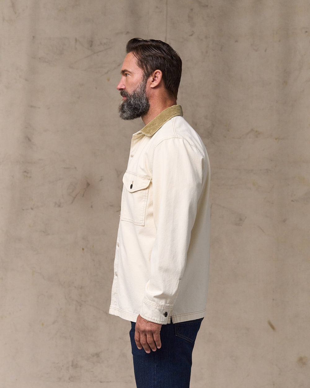 image of a model wearing Filson's Rustic Canvas Jac-shirt - Natural Seed
