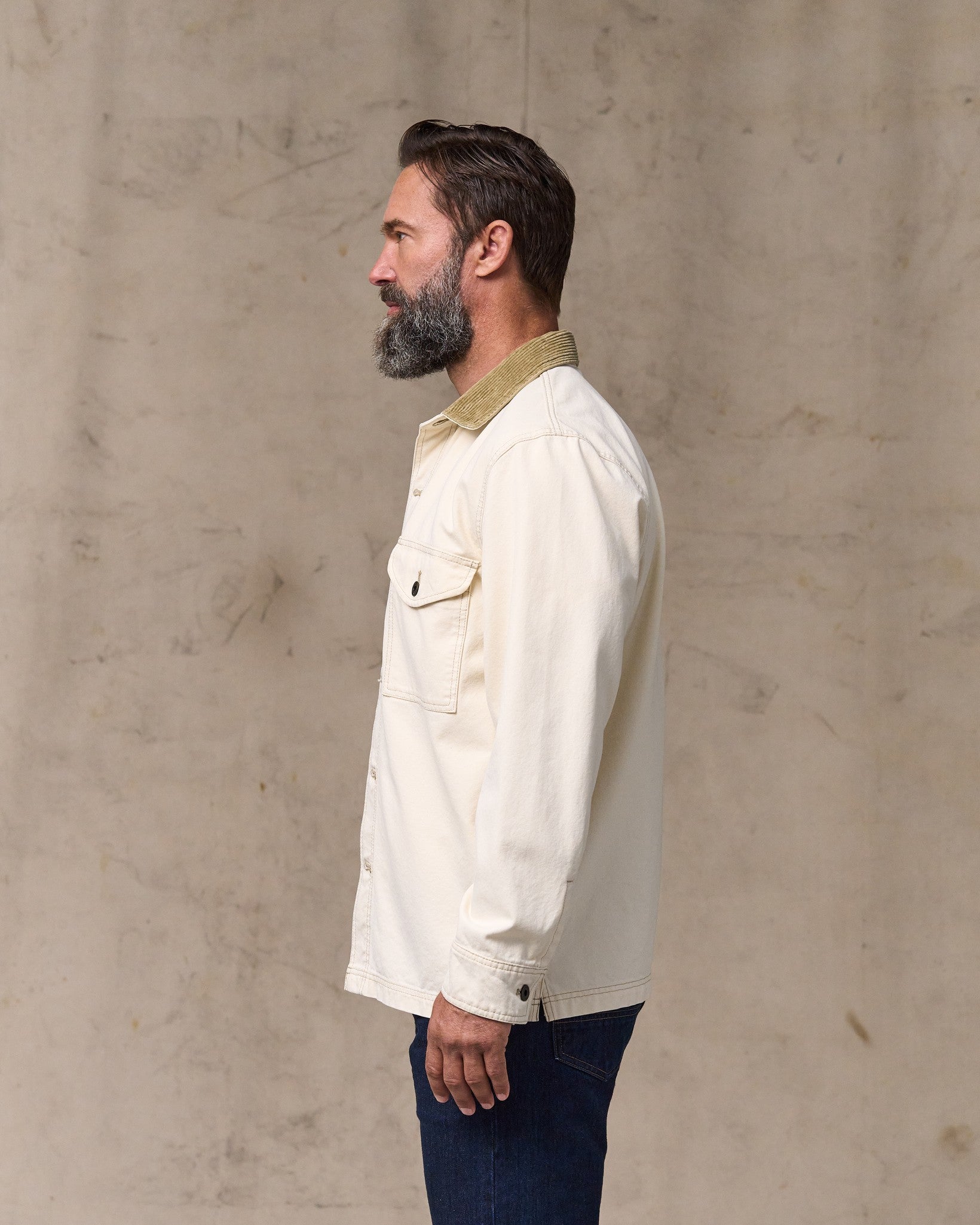 image of a model wearing Filson's Rustic Canvas Jac-shirt - Natural Seed