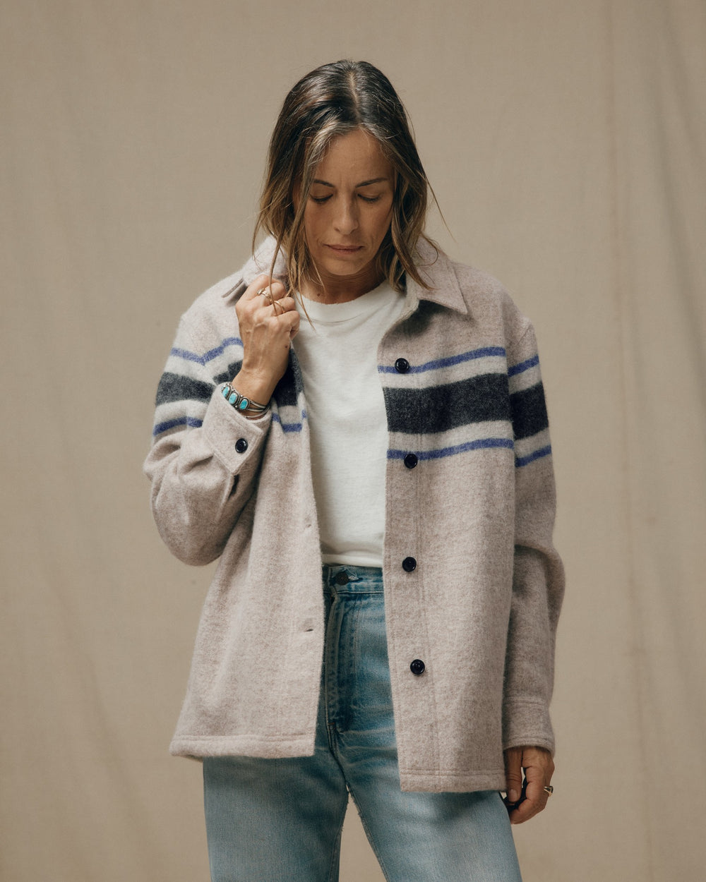 Women's Wool Overshirt - Gray / Black Blanket Stripe