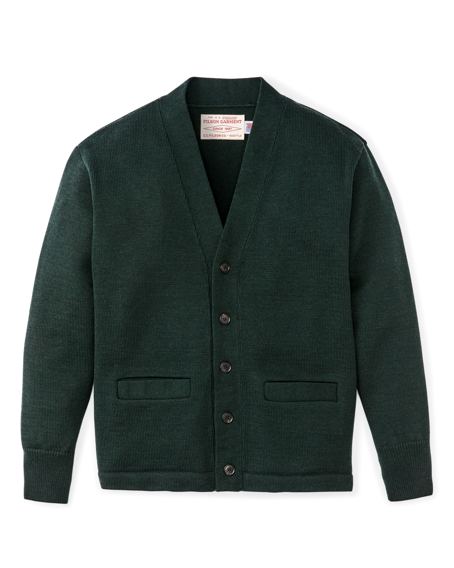 Front-facing image of the Filson Guide Cardigan Sweater - Fir