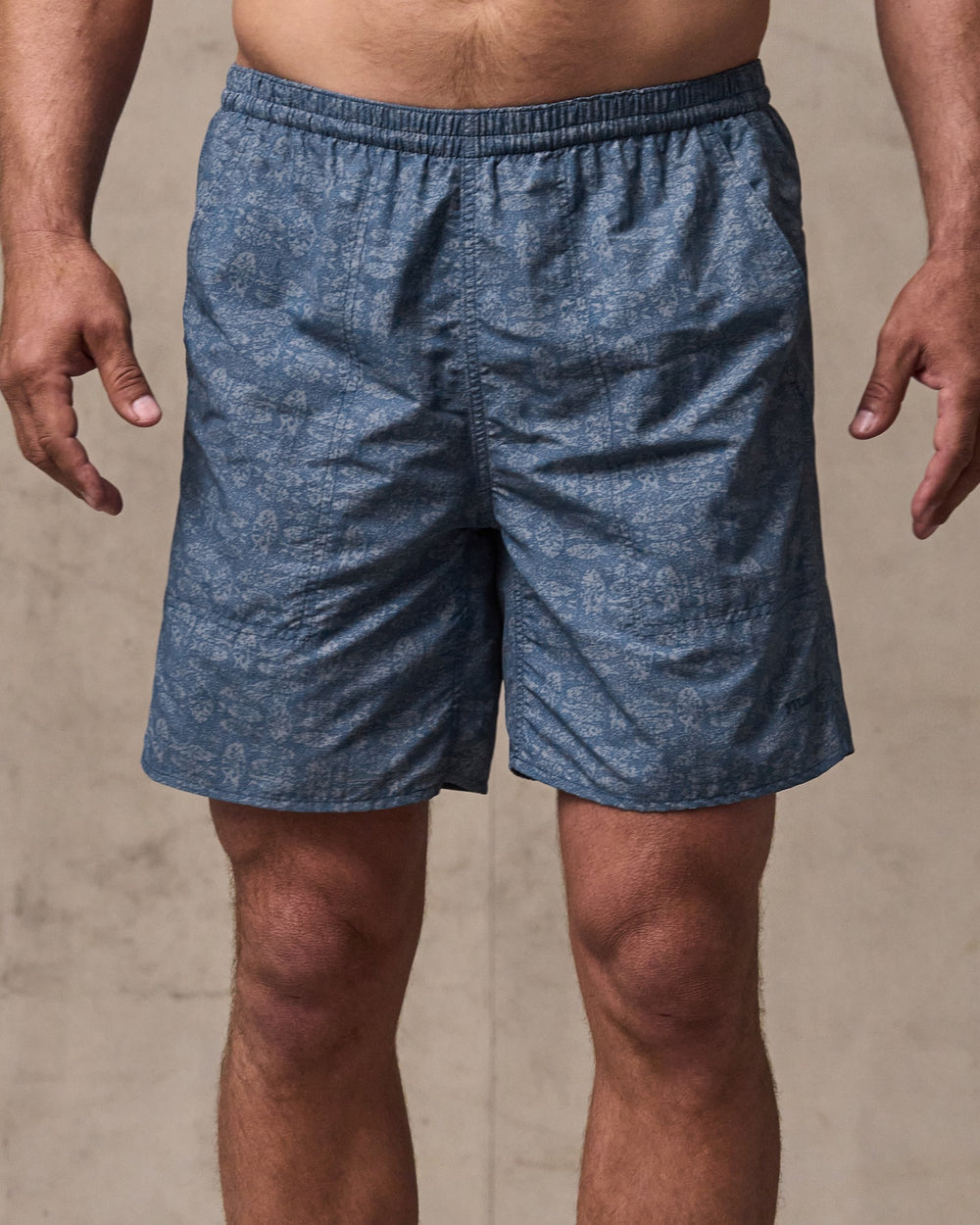 image of a model wearing Filson's Oxbow Lake Trunks - Blue / Print