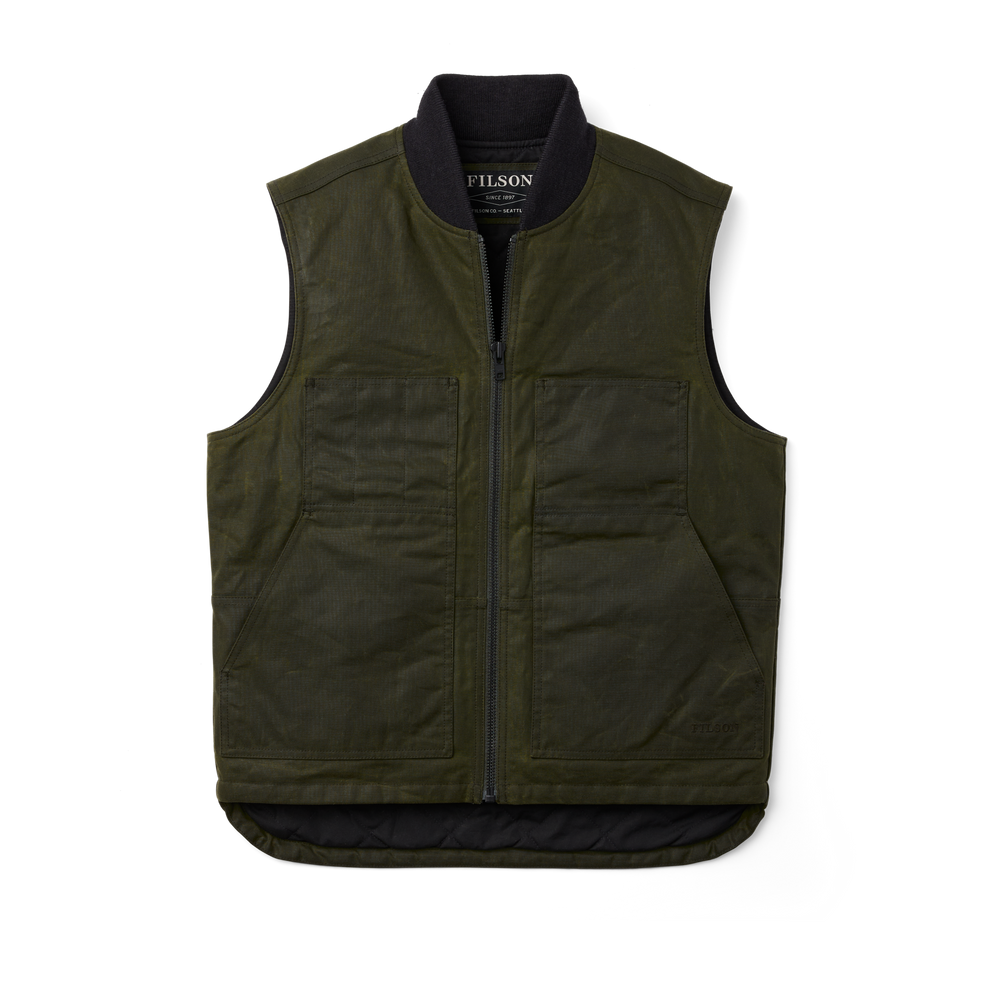 Front-facing image of the Filson Tin Cloth Insulated Work Vest - Otter Green