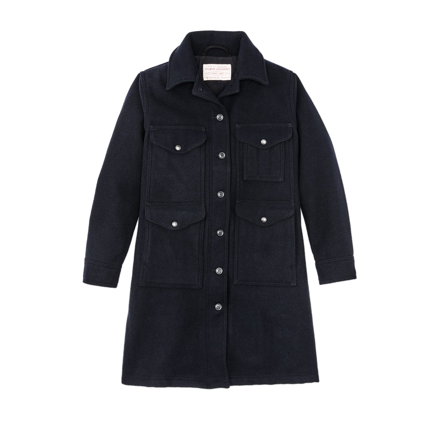 Front-facing image of the Filson Women's Long Mackinaw Cruiser - Dark Navy
