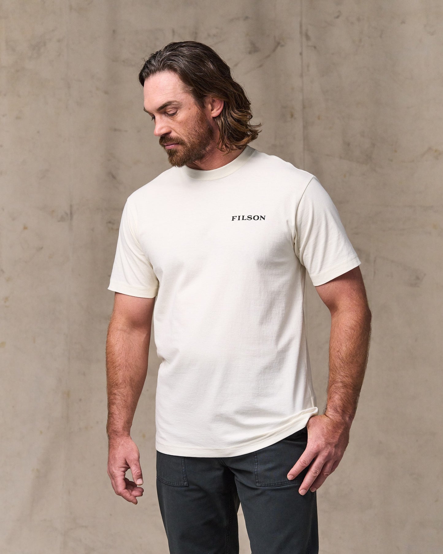 image of a model wearing Filson's Scenic Graphic T-shirt - Basswood|Model is 6'1" wearing a size medium