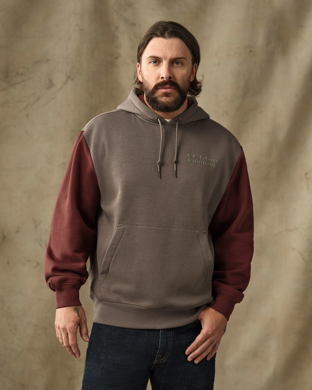 image of a model wearing Filson's Valley Graphic Hoodie - Hawk Brown