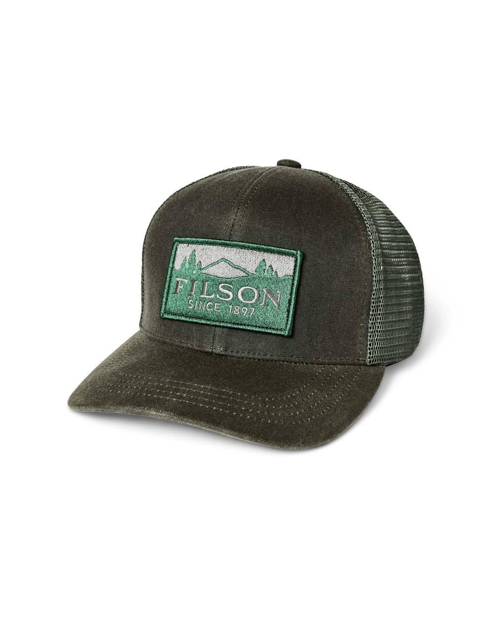 Front-facing image of the Filson Scenic Logger Mesh Cap - Otter Green