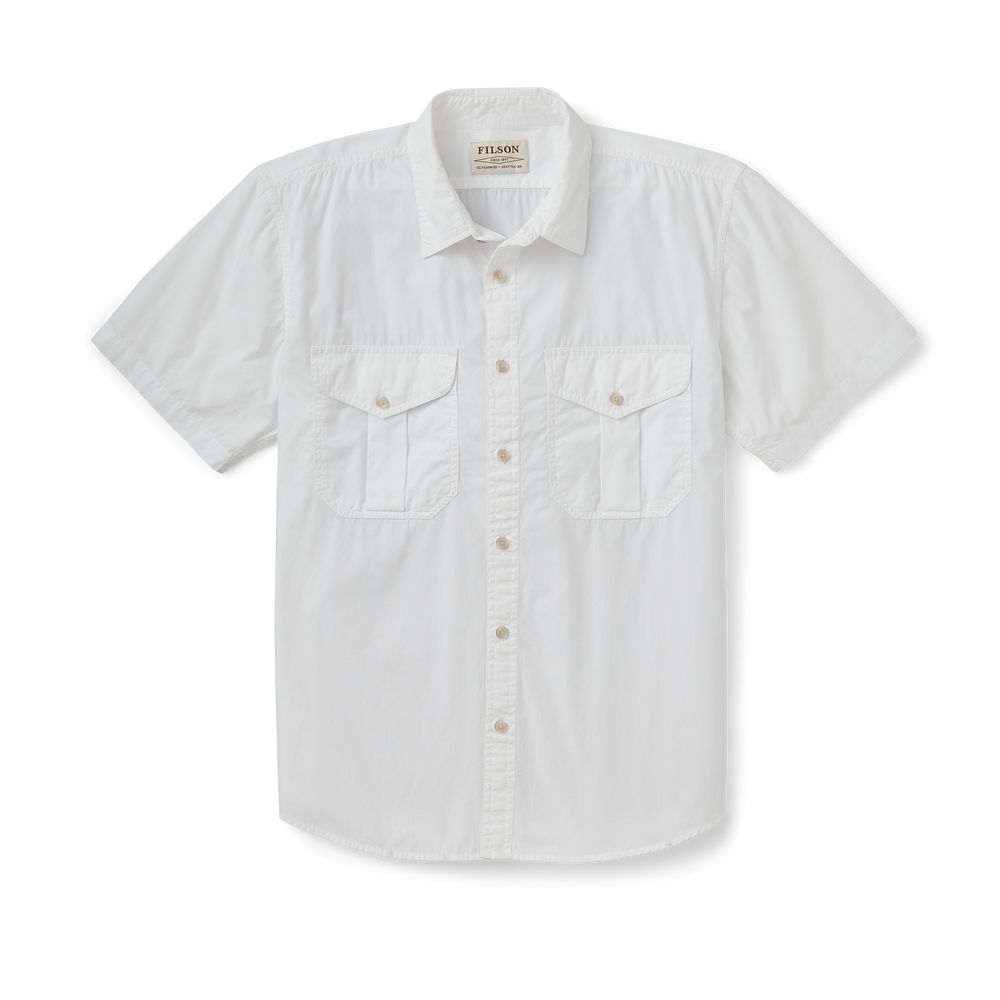 Front-facing image of the Filson Filson's Washed Short Sleeve Feather Cloth Shirt - White