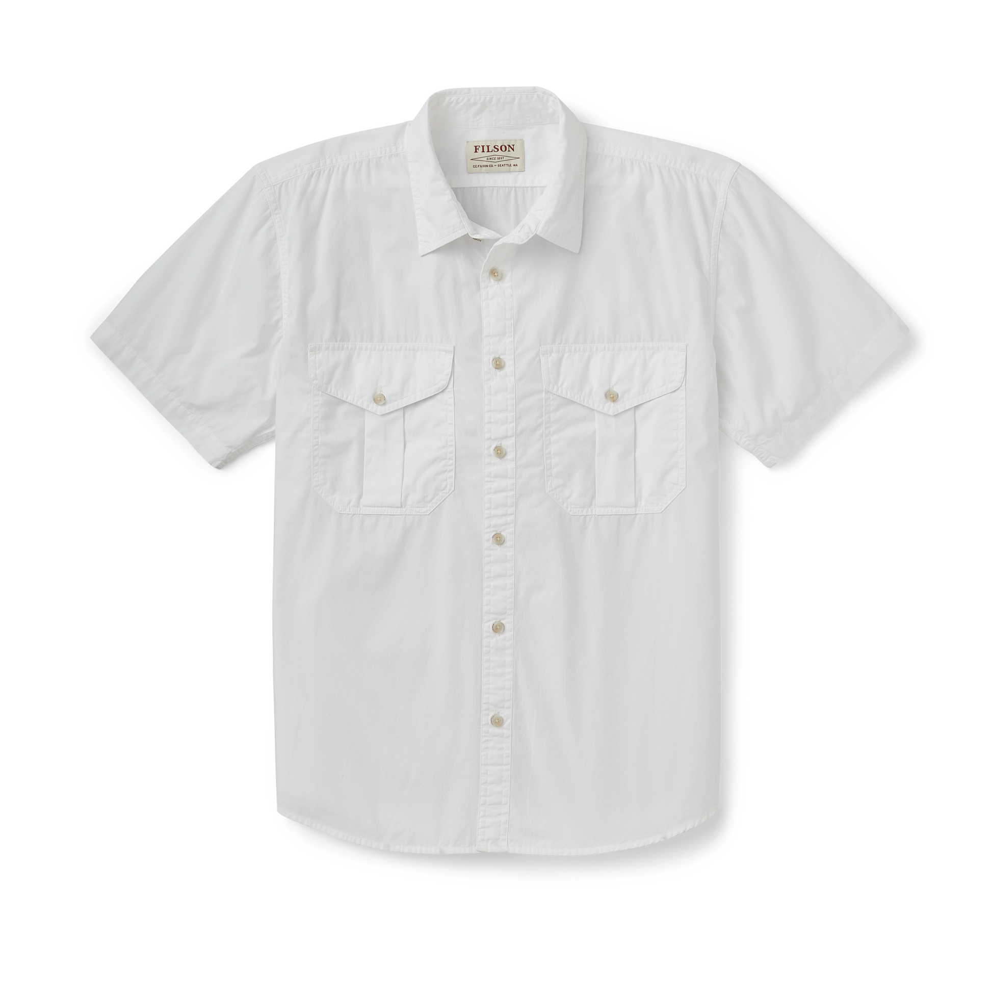 Front-facing image of the Filson Filson's Washed Short Sleeve Feather Cloth Shirt - White