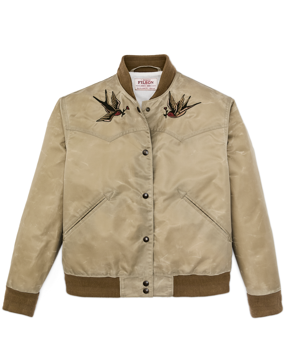 Front-facing image of the Filson Women's Western Satin Jacket - Silver Sage