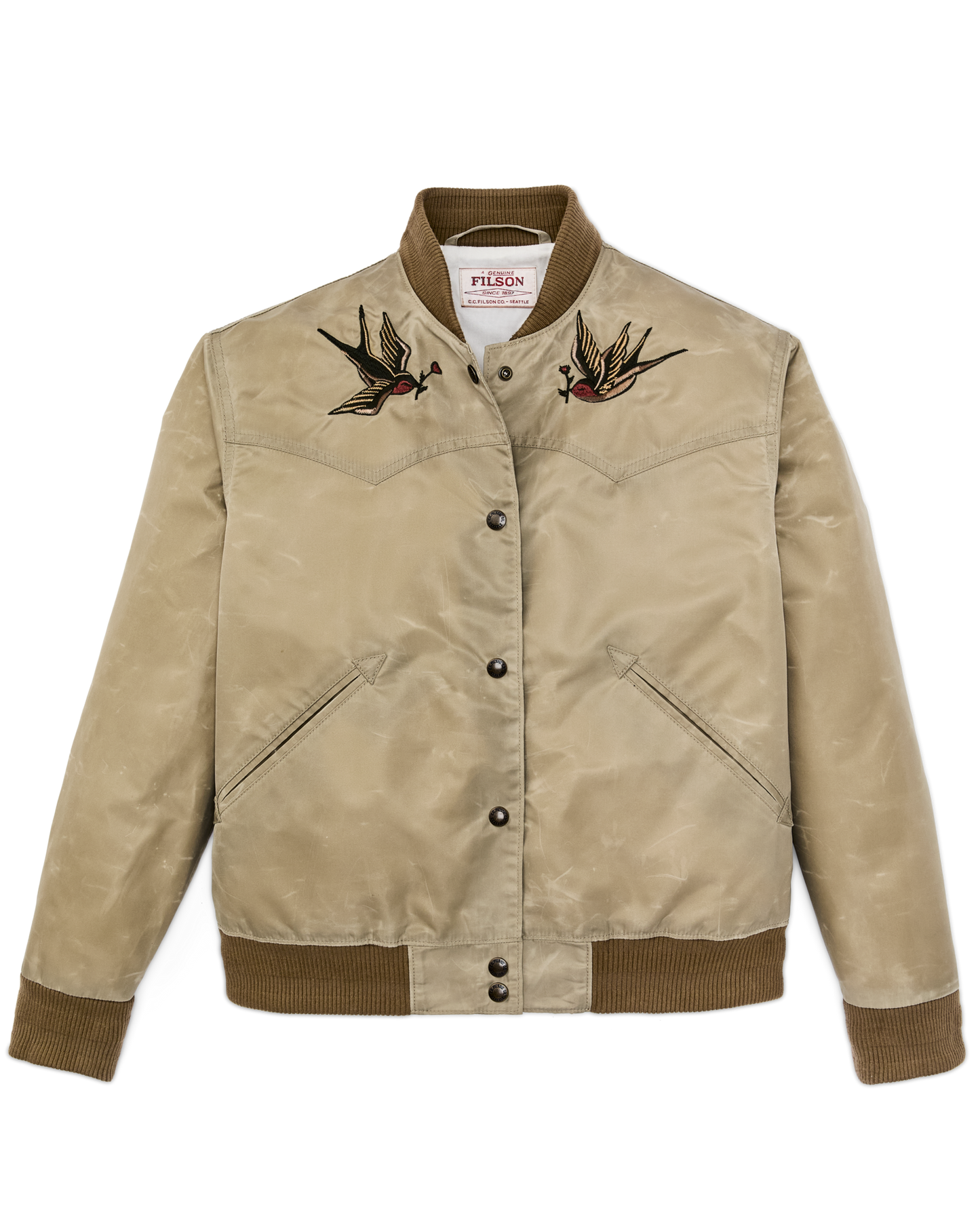 Front-facing image of the Filson Women's Western Satin Jacket - Silver Sage