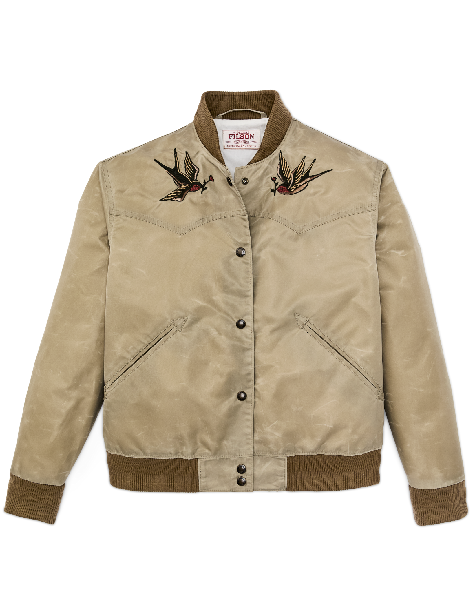 Front-facing image of the Filson Women's Western Satin Jacket - Silver Sage