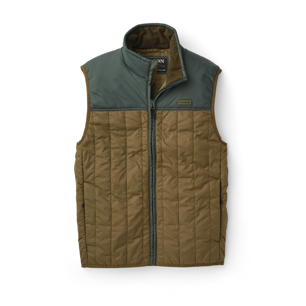 Front-facing image of the Filson Ultralight Vest - Dark Olive/dark Spruce