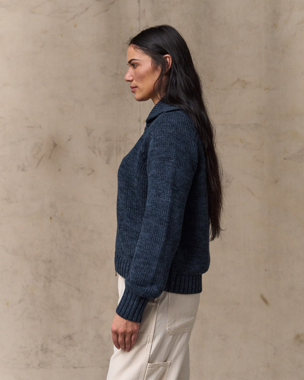 image of a model wearing Filson's Women's Cotton Full-zip Cardigan - Navy / Marl