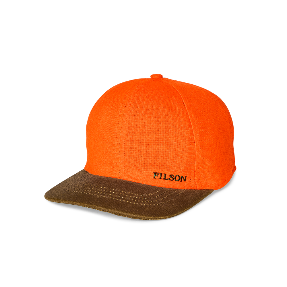Front-facing image of the Filson Insulated Blaze/tin Cloth Cap - Desert Tan / Blaze Orange