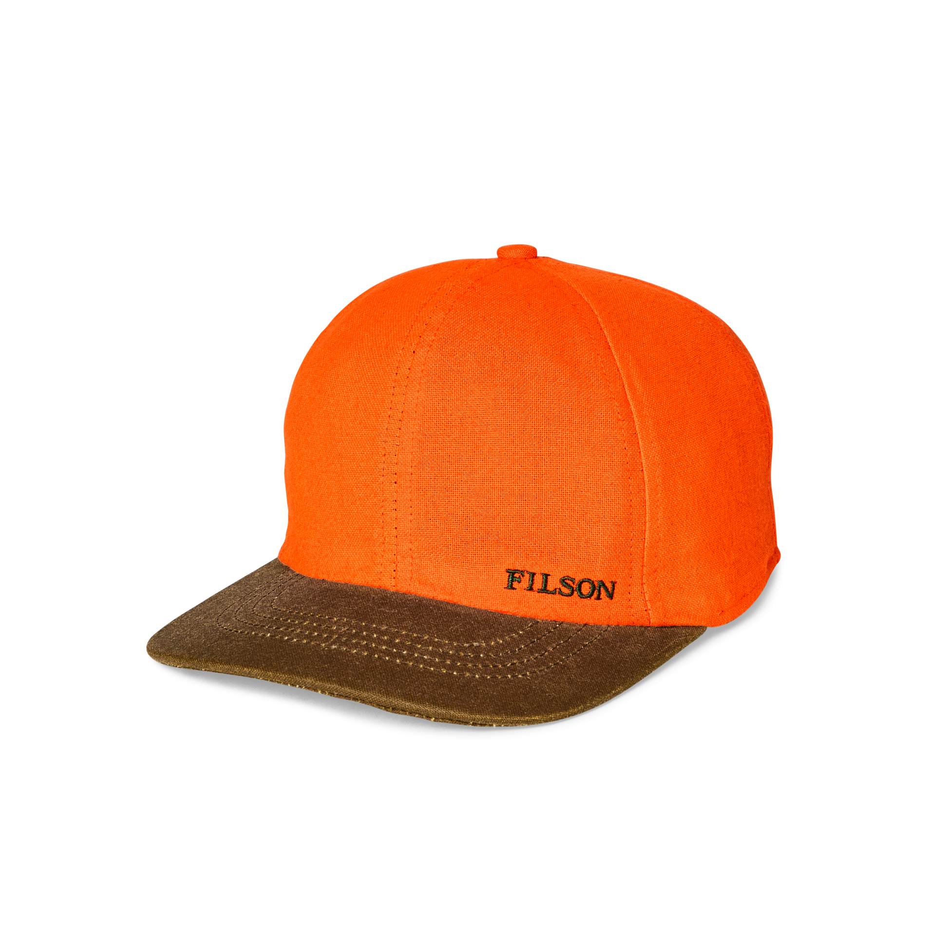 Front-facing image of the Filson Insulated Blaze/tin Cloth Cap - Desert Tan / Blaze Orange