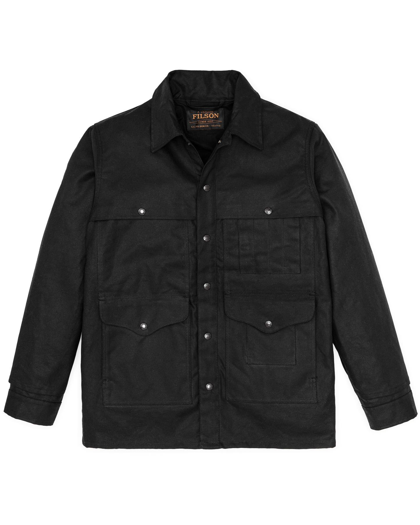 Front-facing image of the Filson Lined Tin Cloth Cruiser Jacket - Black