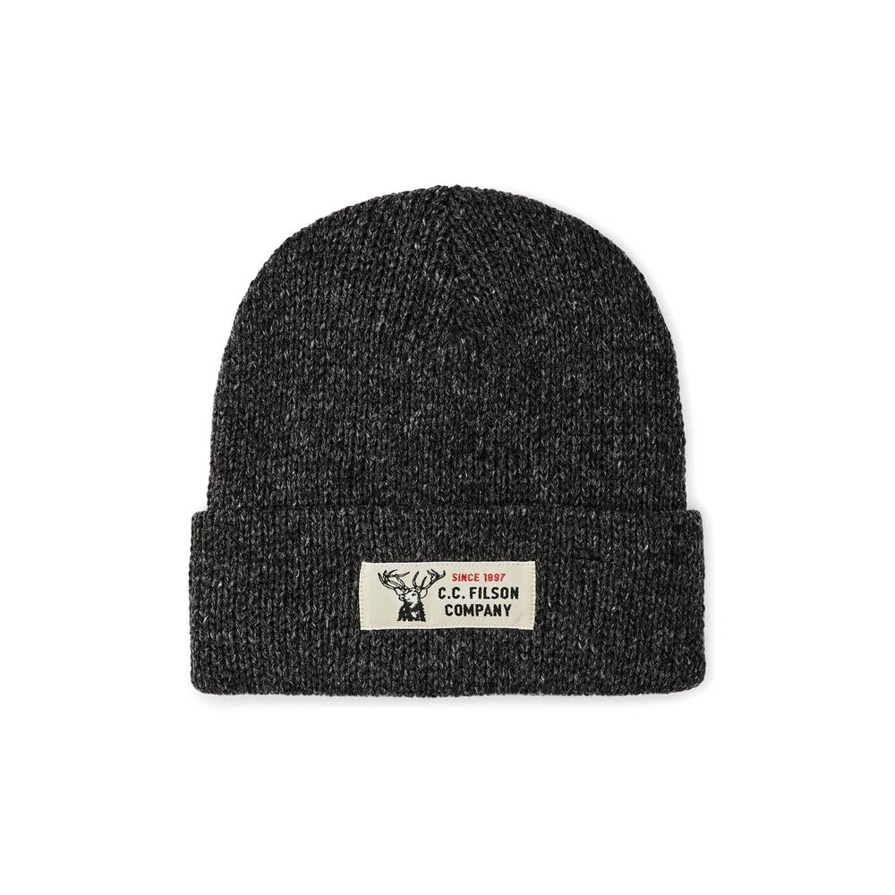 main image of filson's lined ragg wool beanie, a wool beanie, shown in charcoal black