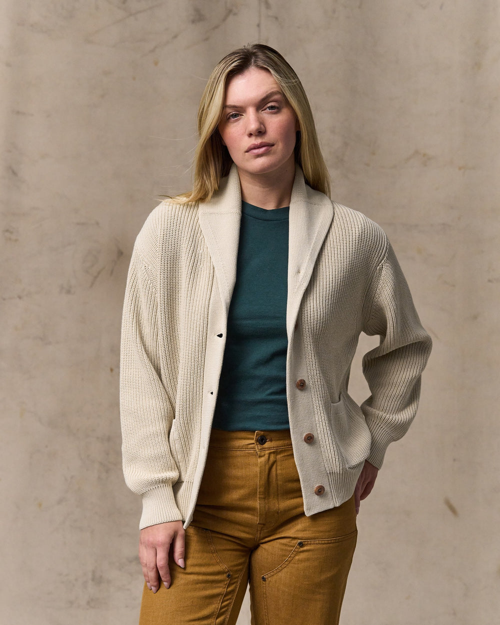 image of a model wearing Filson's Women's Cotton Shawl Neck Cardigan - Natural