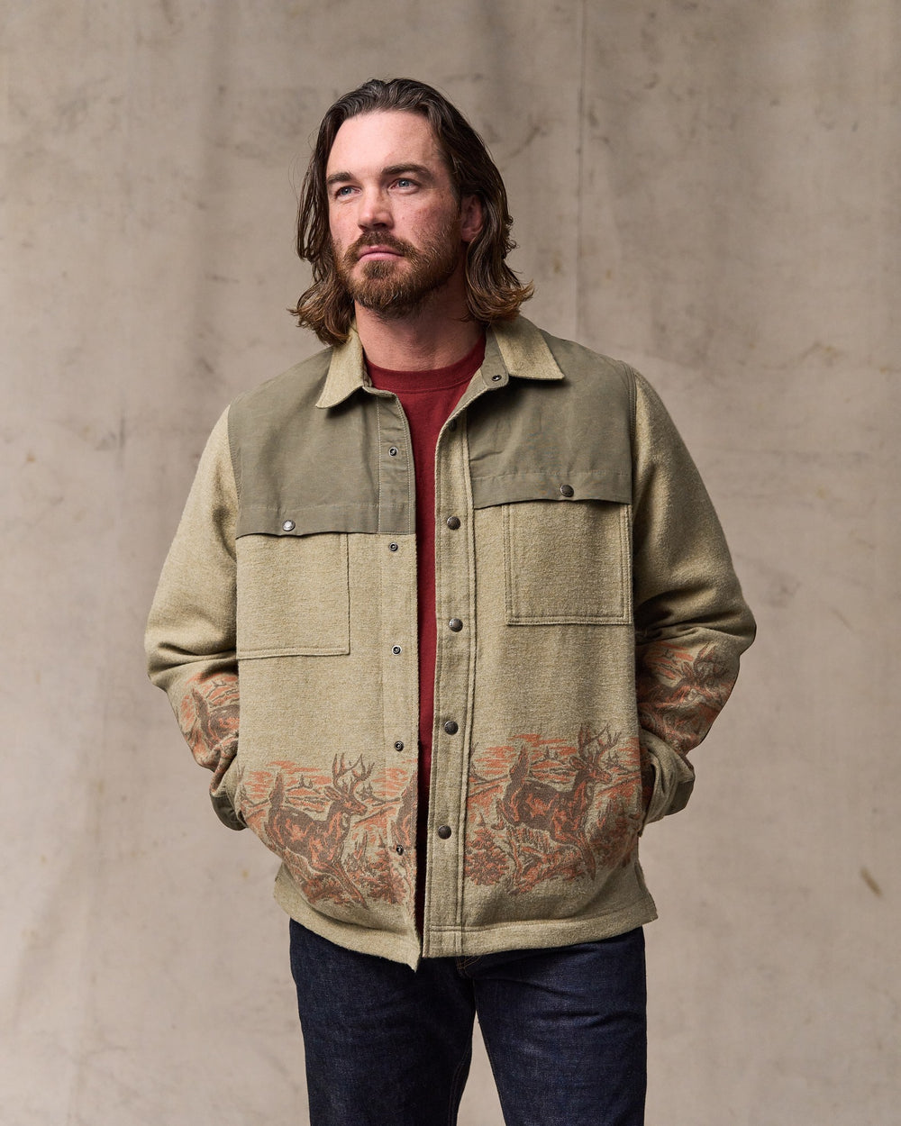 image of a model wearing Filson's Colchuck Forester Jac-shirt - Sage Heather