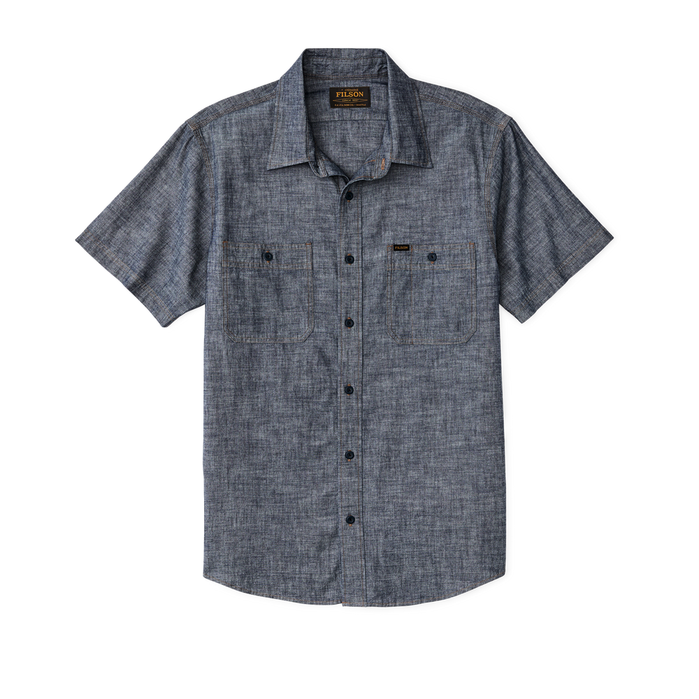 Front-facing image of the Filson Short Sleeve Chambray Shirt  - Rinse Indigo