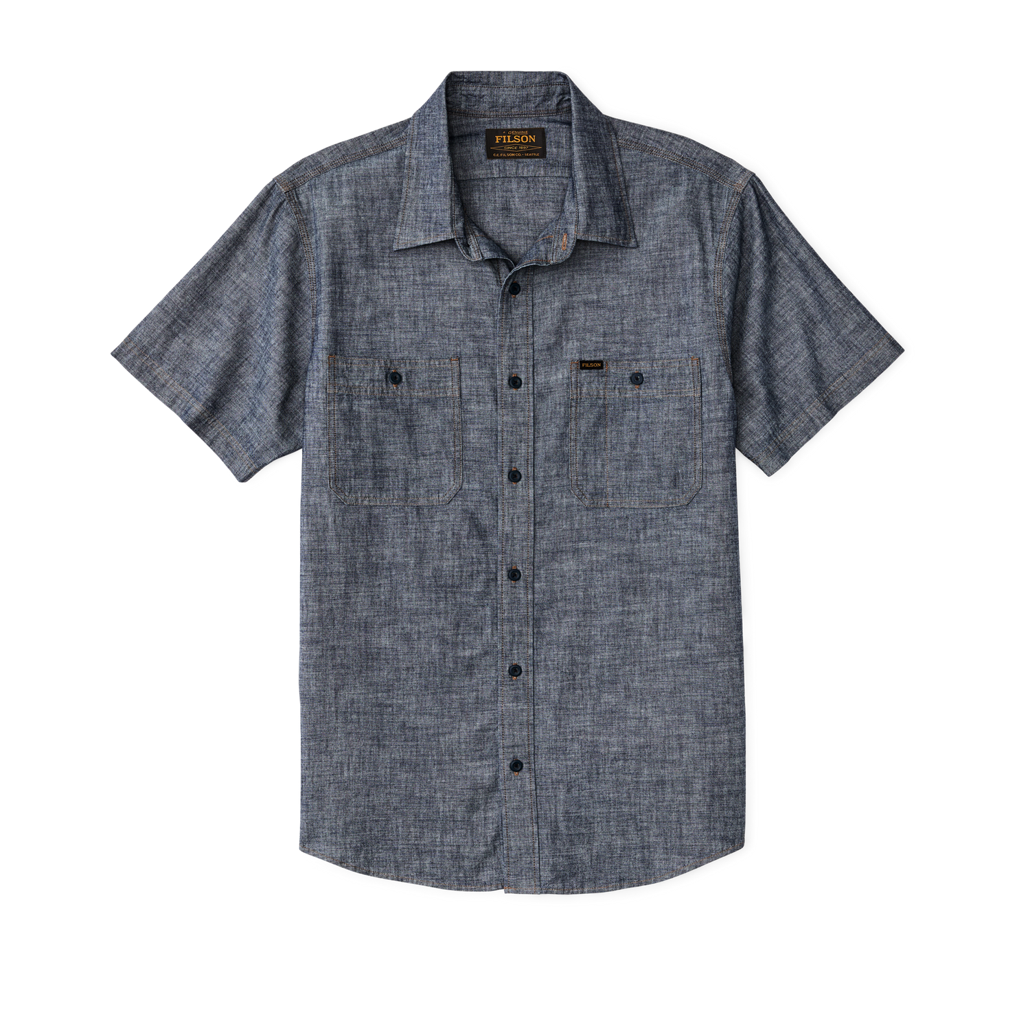 Front-facing image of the Filson Short Sleeve Chambray Shirt  - Rinse Indigo