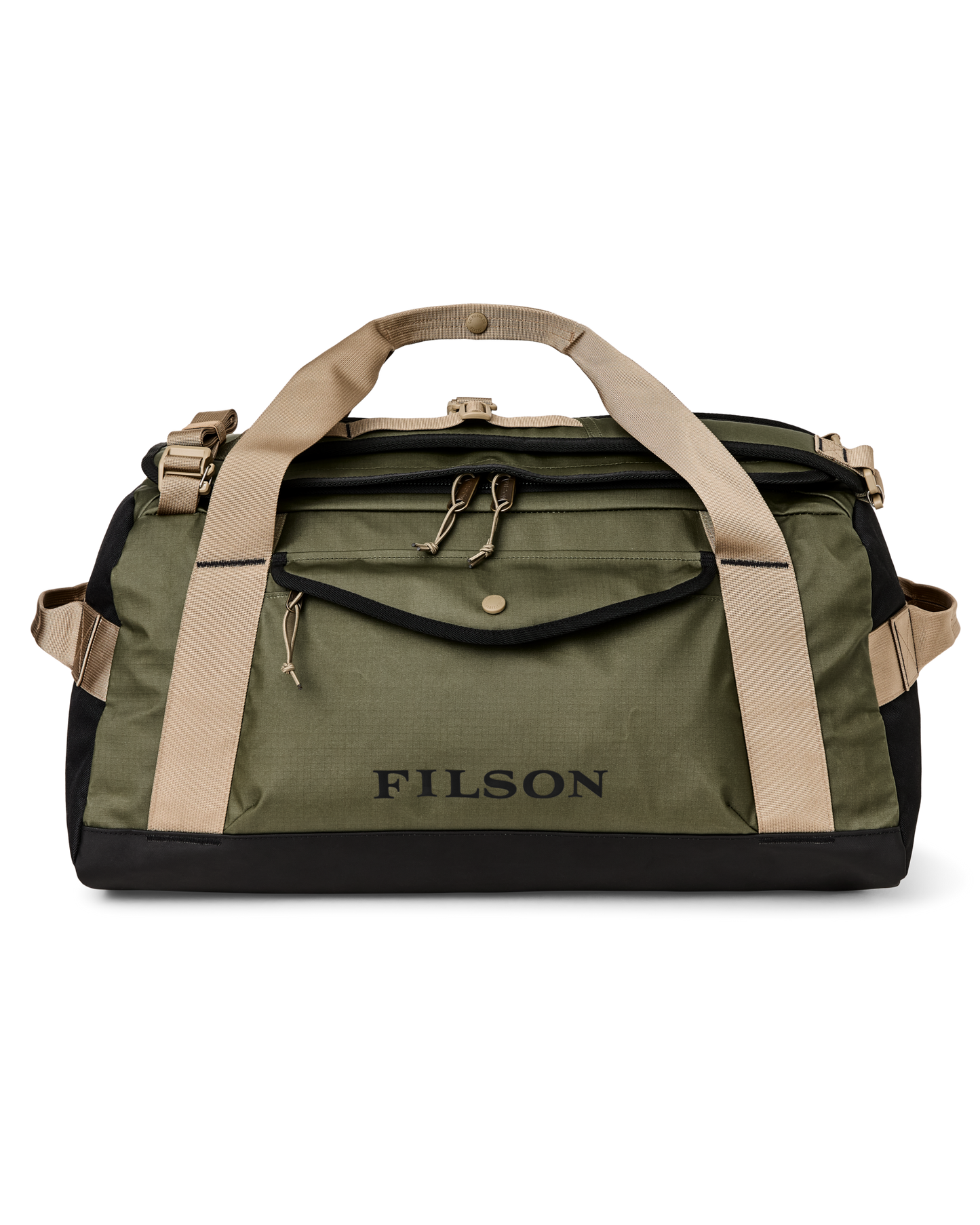 Front-facing image of the Filson All-Weather Medium Duffle - Olive / Black / Covert