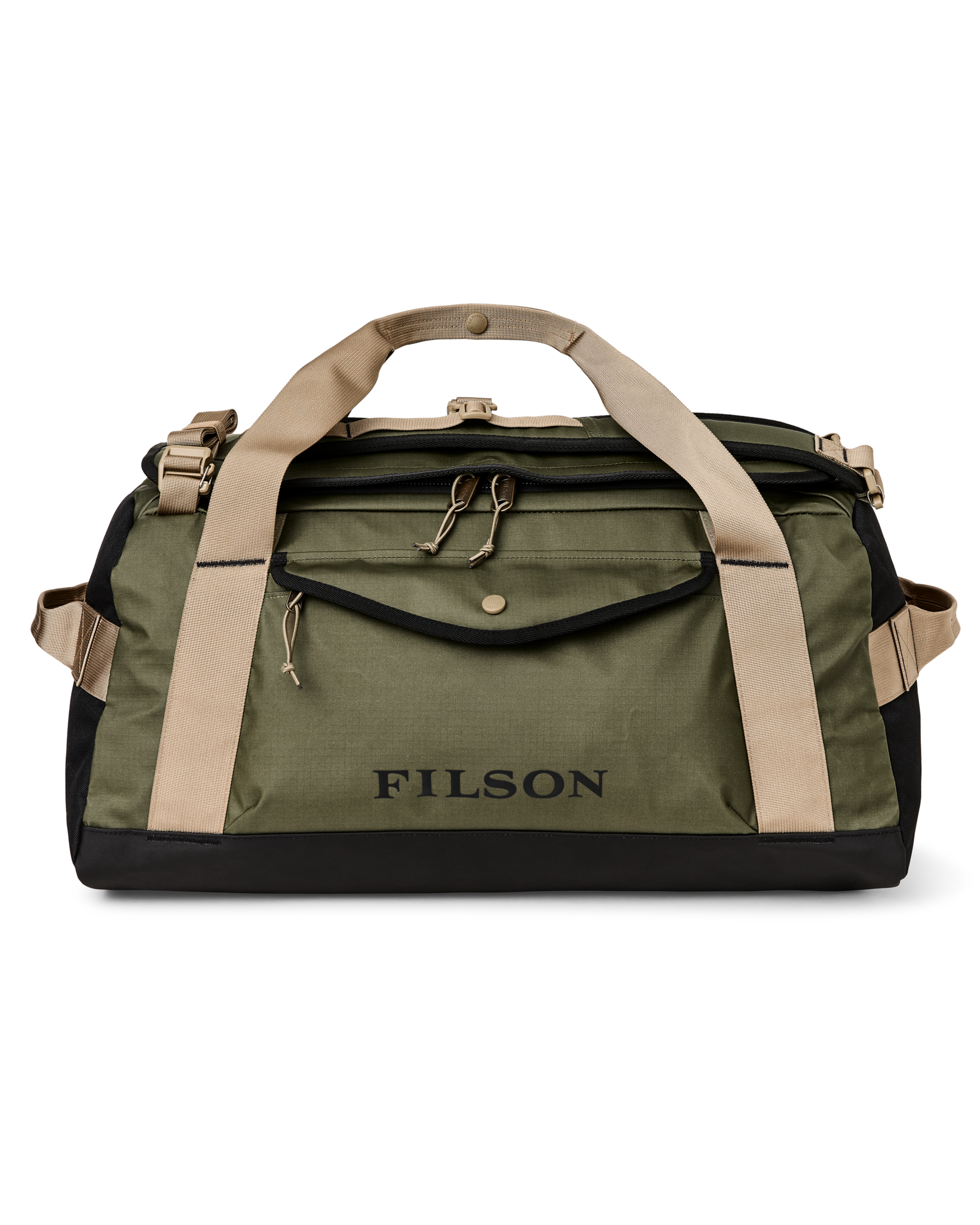 Front-facing image of the Filson All-Weather Medium Duffle - Olive / Black / Covert