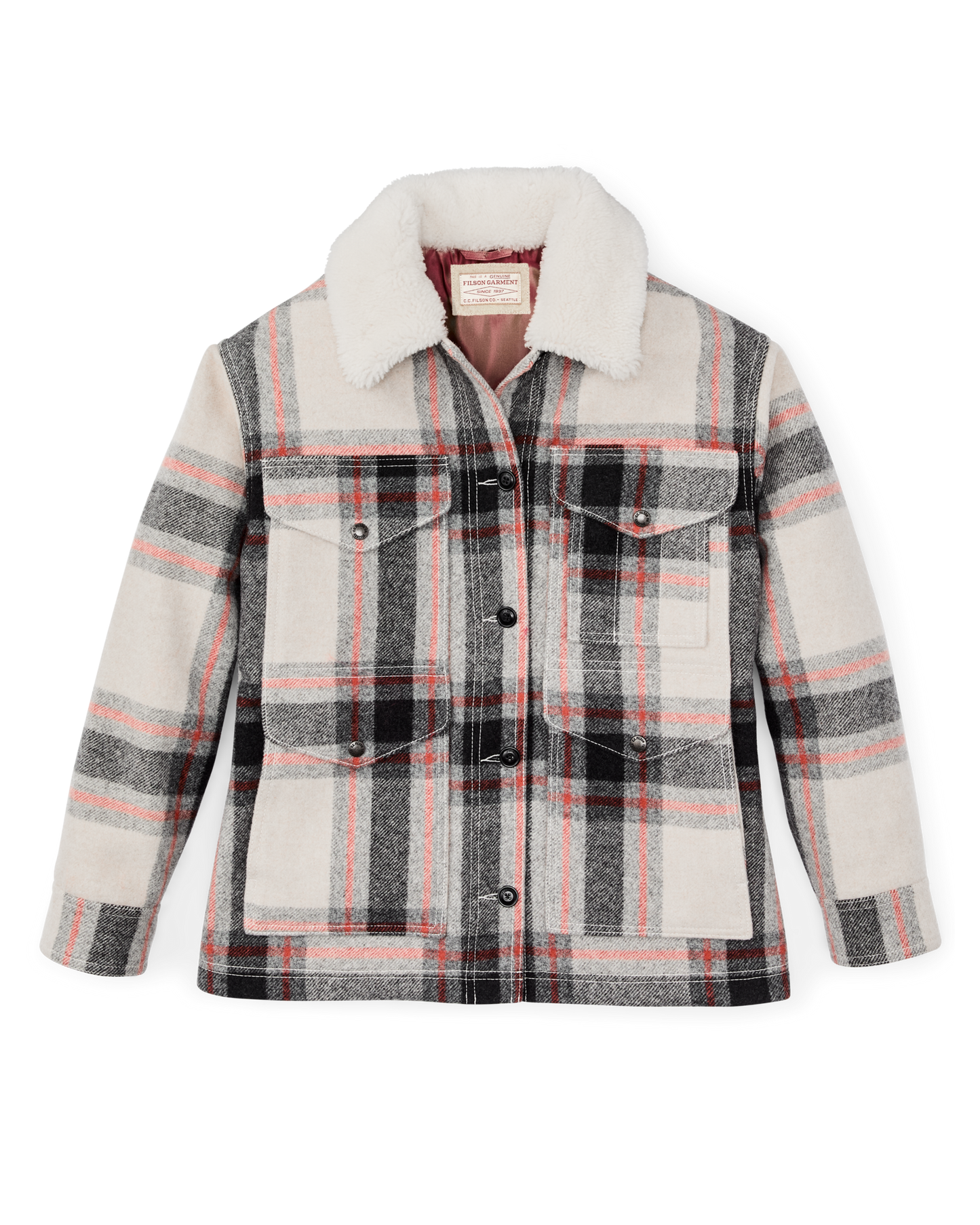 Women's Mackinaw Wool Shearling Cruiser Jacket - Cream / Red / Black Plaid